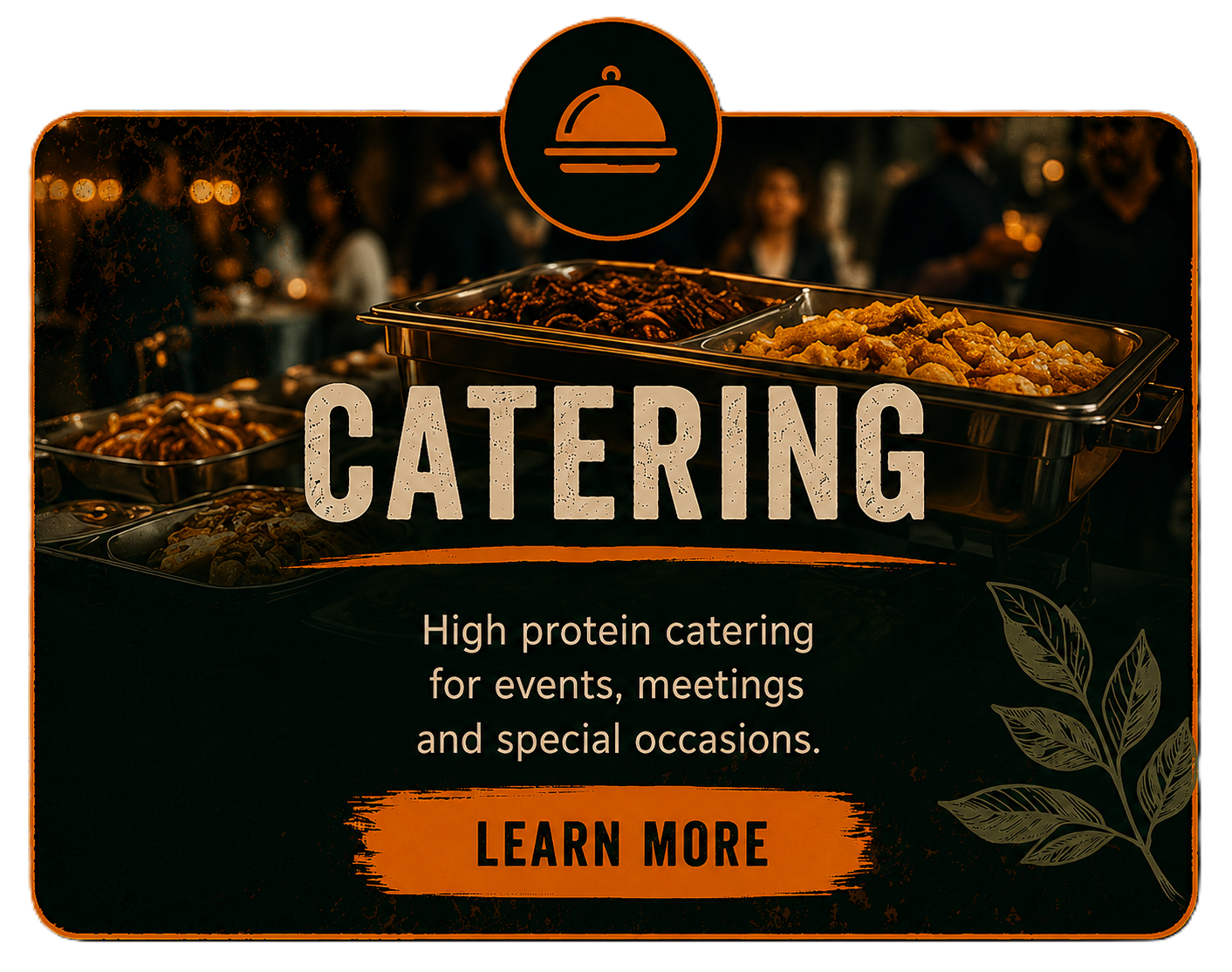 A catering service offering high protein dishes at an event, with buffet trays filled with various foods, set against a backdrop of people socializing.