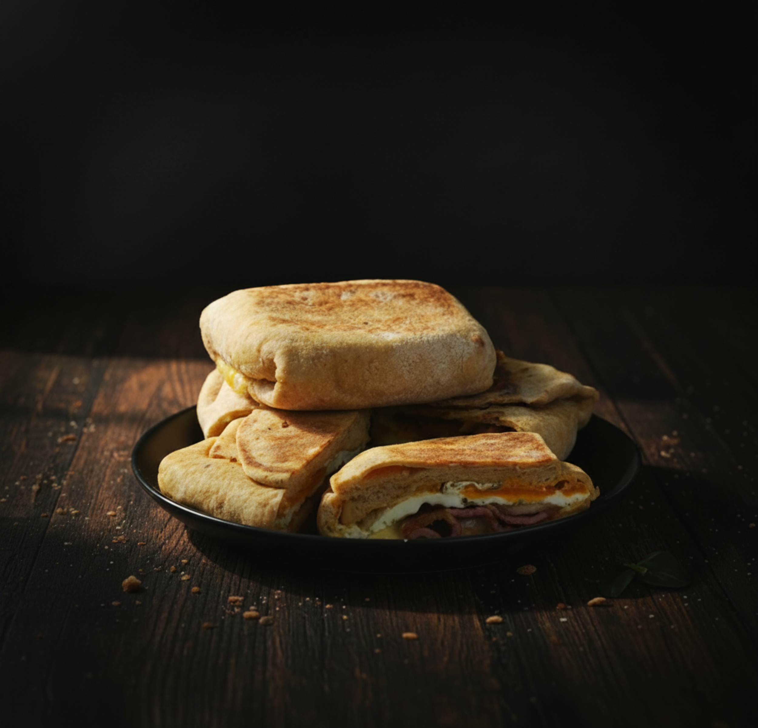 Stacked flatbread sandwiches on a black plate on a dark wooden surface, with scattered crumbs.