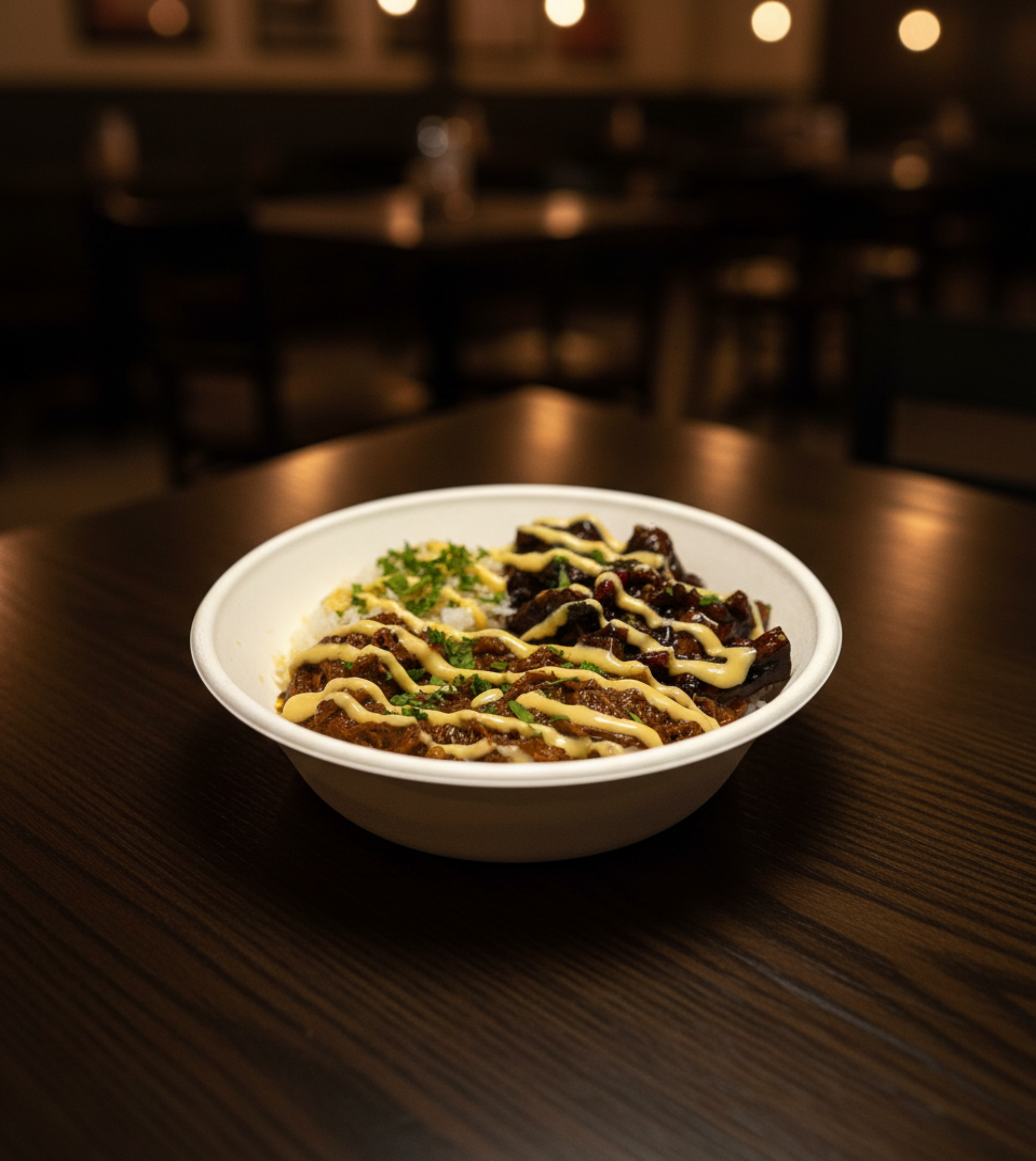 A bowl of pulled beef topped with sauce, vegetables, and garnished with chopped herbs, sitting on a dark wooden table.