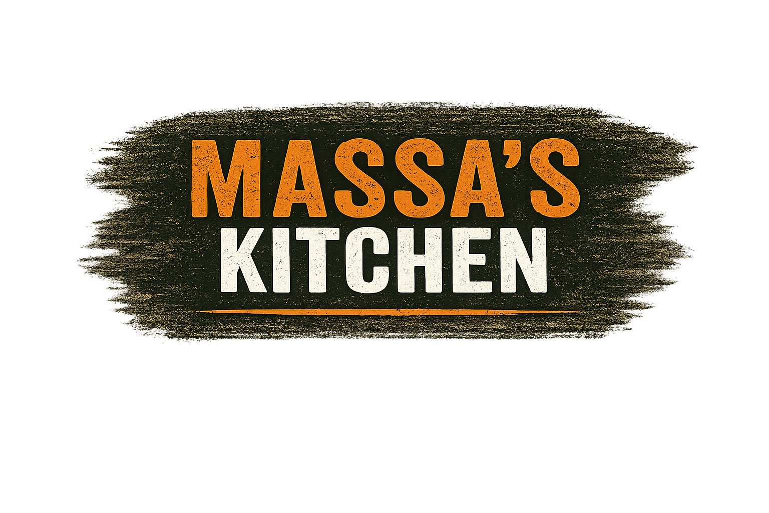 Sign for Massa's Kitchen with orange and white text on a dark background, and a blue border.