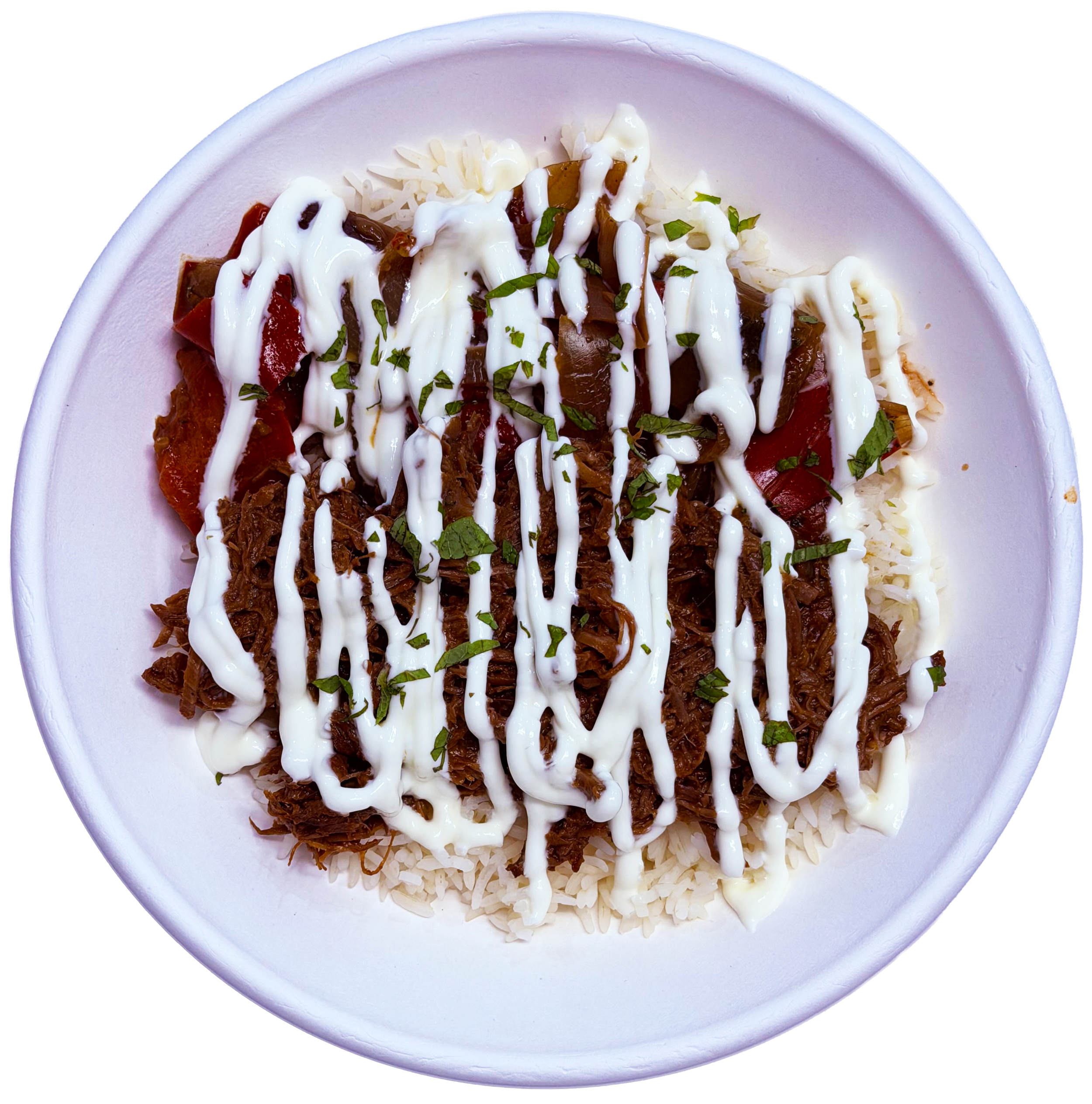 Close-up of a bowl of shredded lamb, diced tomatoes, chopped cilantro, white rice, and drizzled sauce on top.