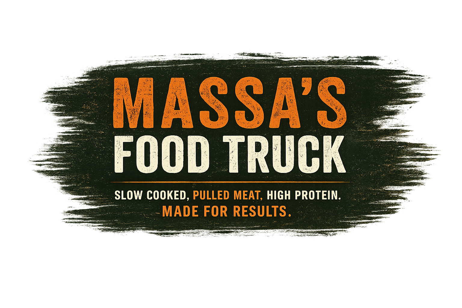 Sign for 'Massa's Food Truck' with the tagline 'Slow cooked, pulled meat, high protein. Made for results.'