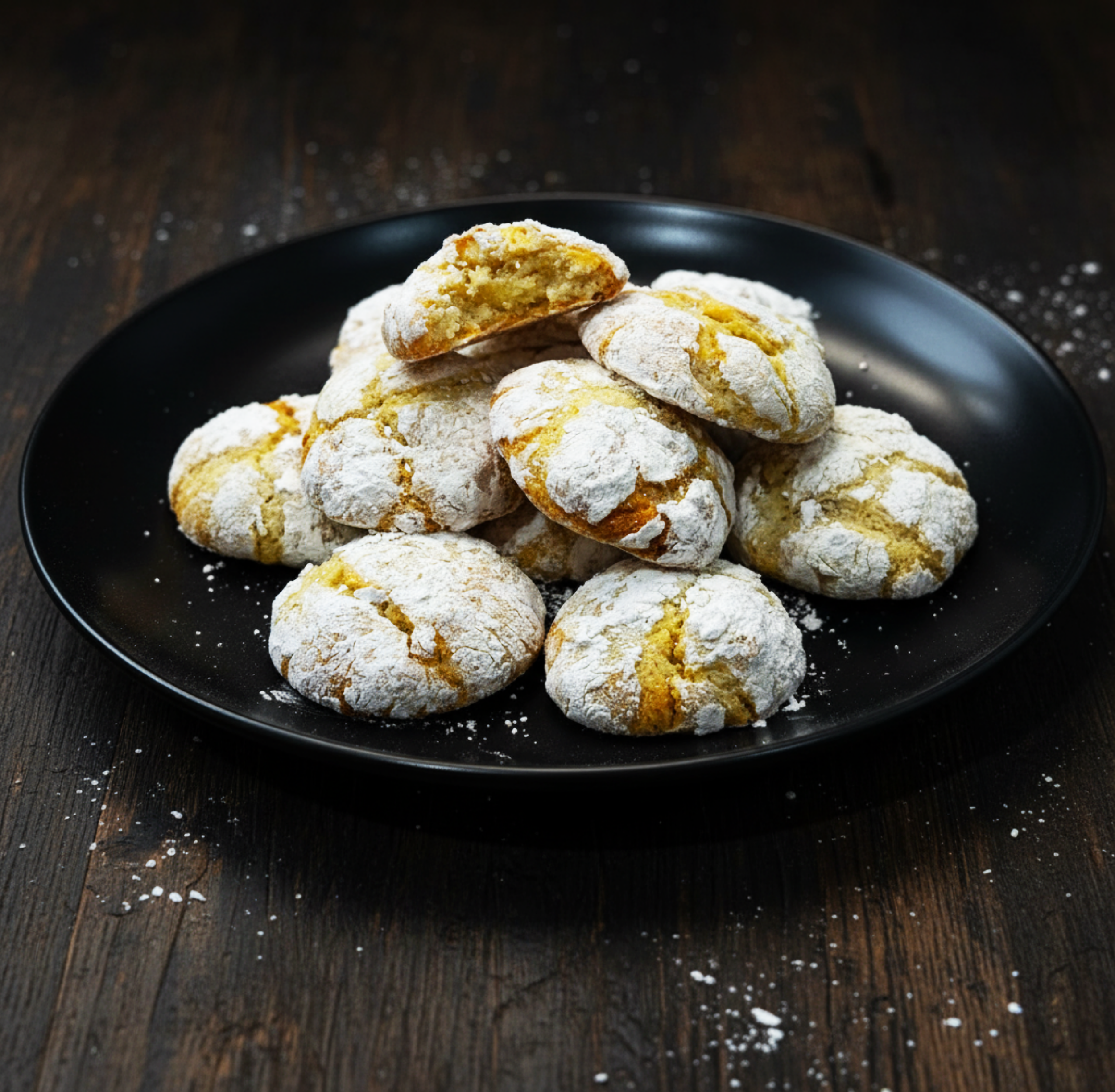 Plate of powdered sugar-dusted lemon almond cookies on a dark wooden surface with scattered powdered sugar.