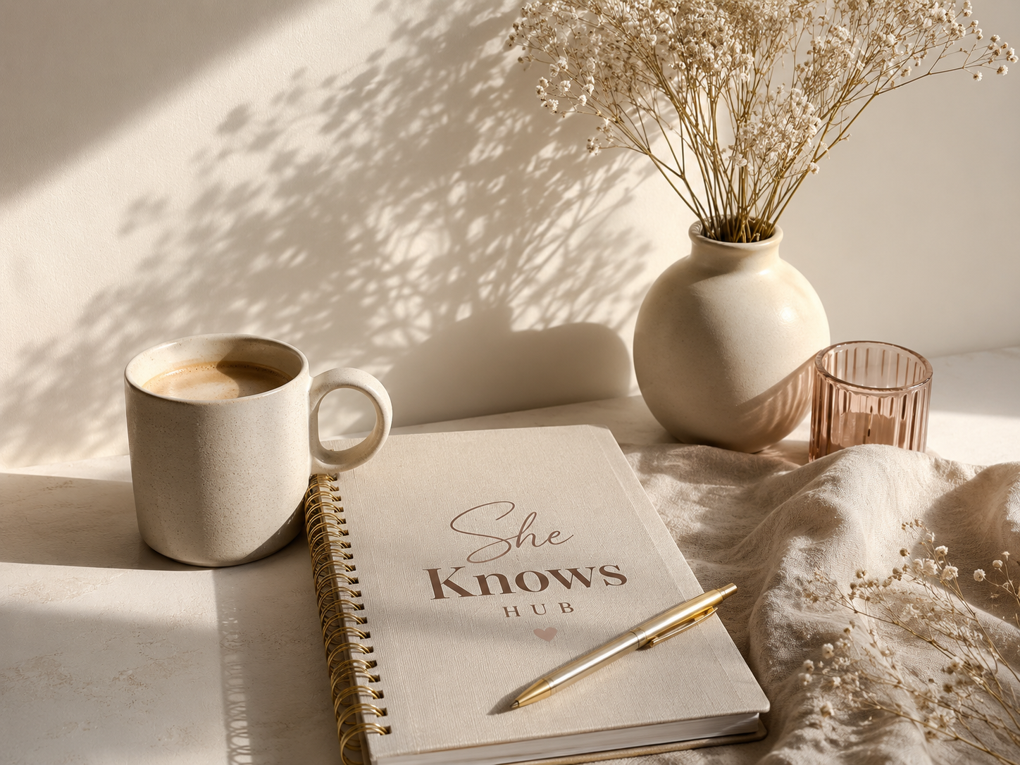 She Knows Hub workspace featuring a journal, notebook and coffee, representing reflection, learning and personal growth.