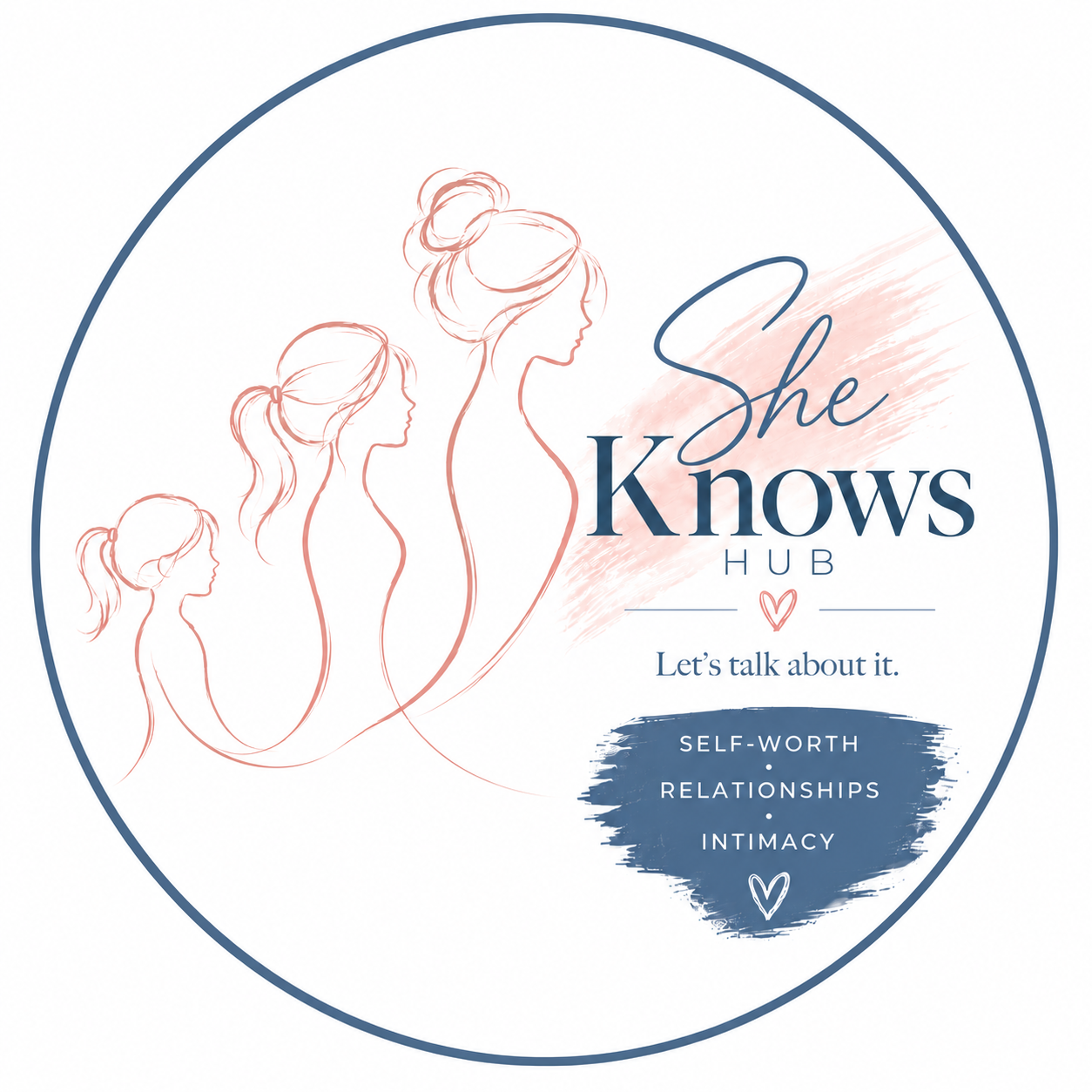A circular logo for 'She Knows Hub' featuring three outline sketches of women at different stages of life, with the tagline 'Let's talk about it,' and keywords like 'self-worth,' 'relationships,' and 'intimacy.'