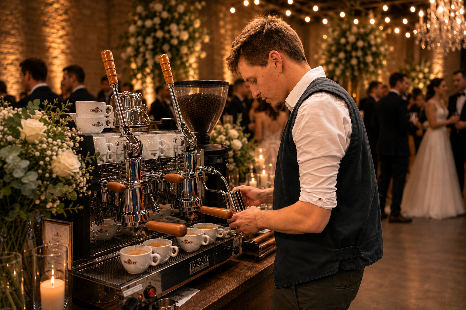Ein junger Barista bereitet Kaffee an einer Espressomaschine bei einer Hochzeit vor, im Hintergrund tanzende Paare, festliche Dekorationen und Kerzen.