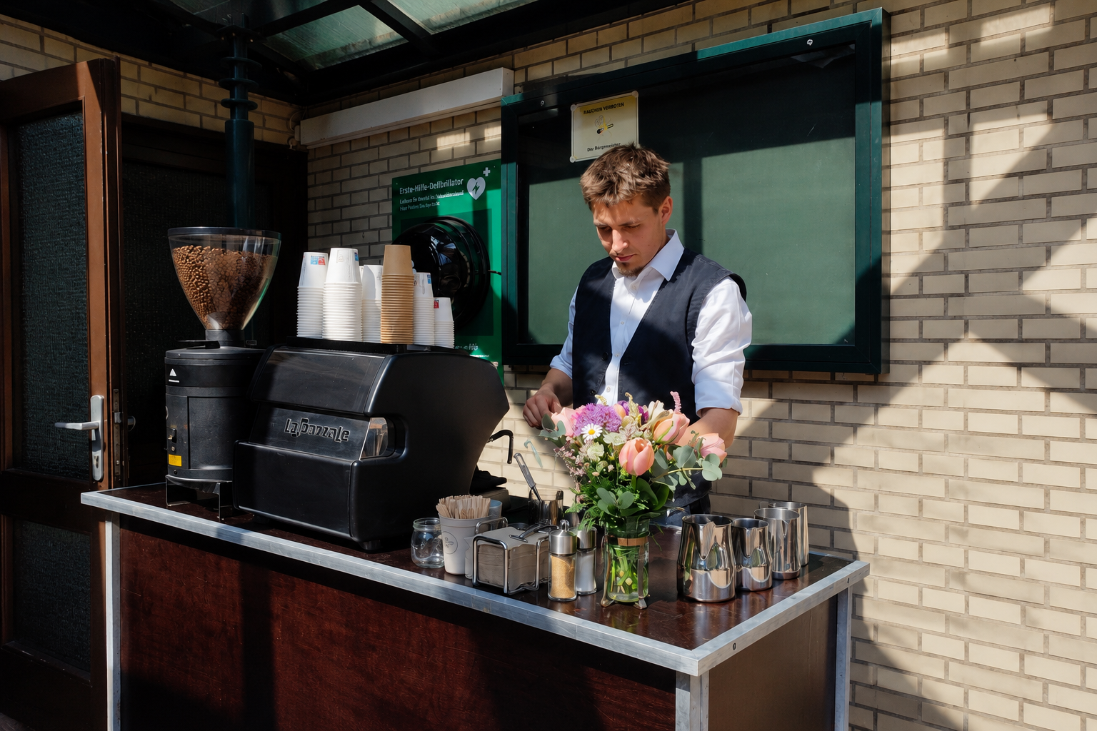 Ein junger Mann bereitet Kaffee an einem kleinen Außenstand vor, mit Blumenstrauß und Kaffeemaschinen auf dem Tisch.