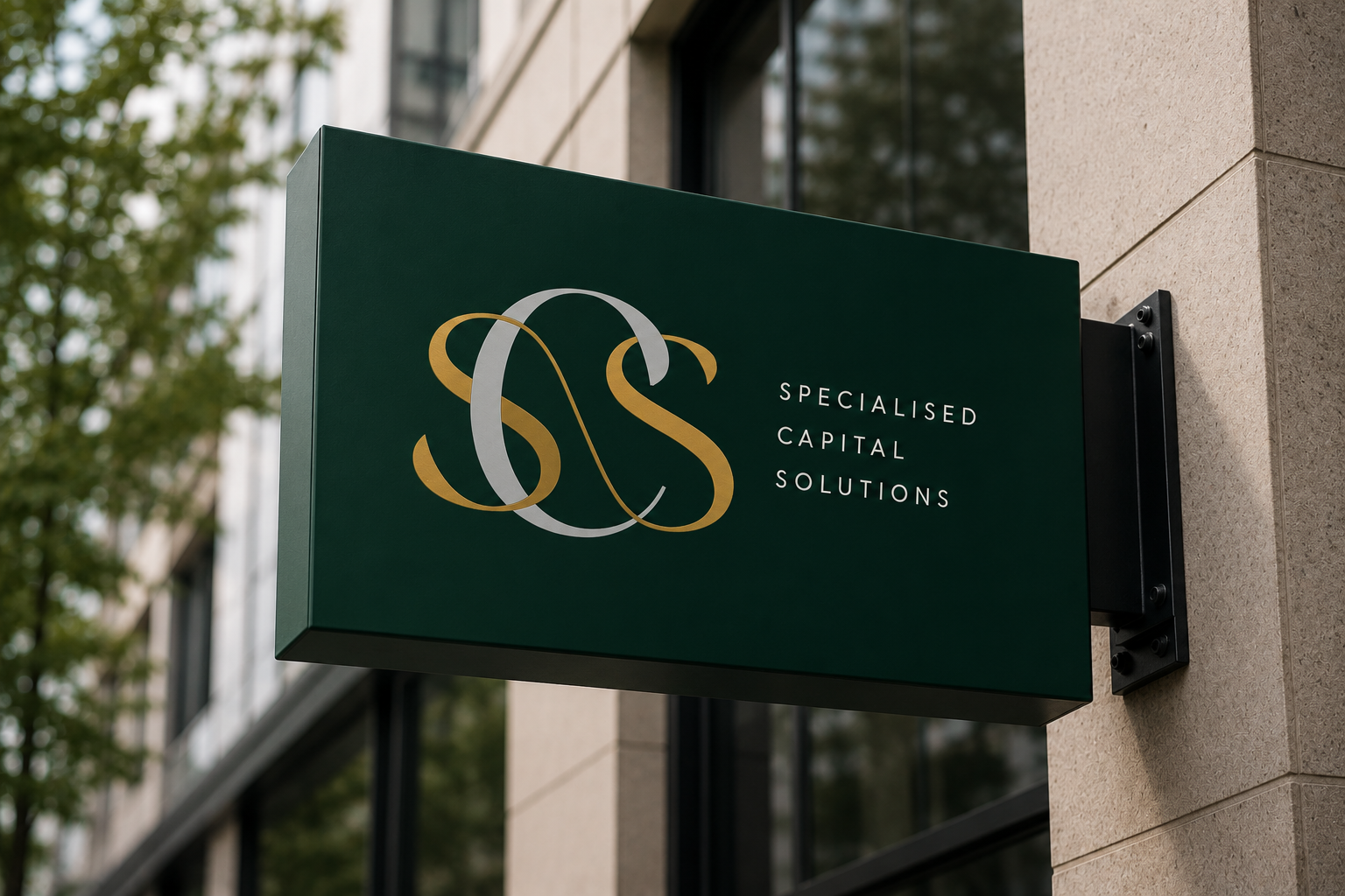Commercial sign for a company called Specialised Capital Solutions, with an intertwined 'SCS' logo on a green background, mounted on a beige building wall.