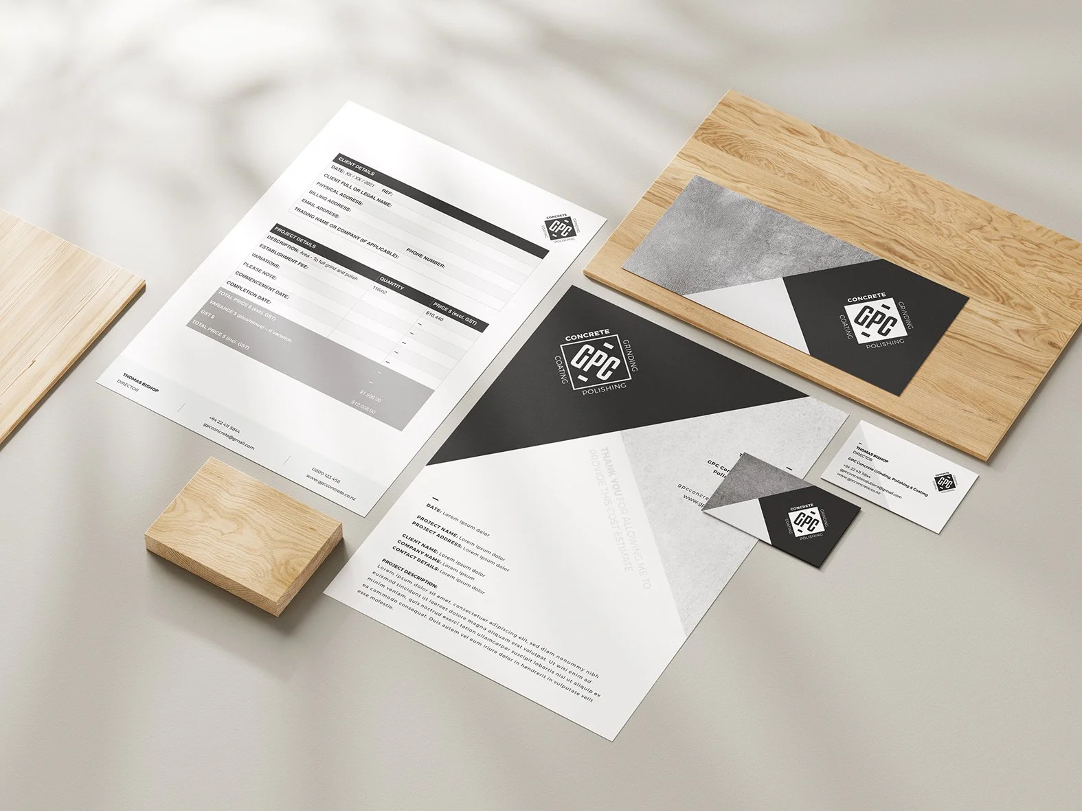 Business branding and printed material for a concrete polishing company, including a price invoice, business cards, and logo samples on wooden and paper backgrounds.