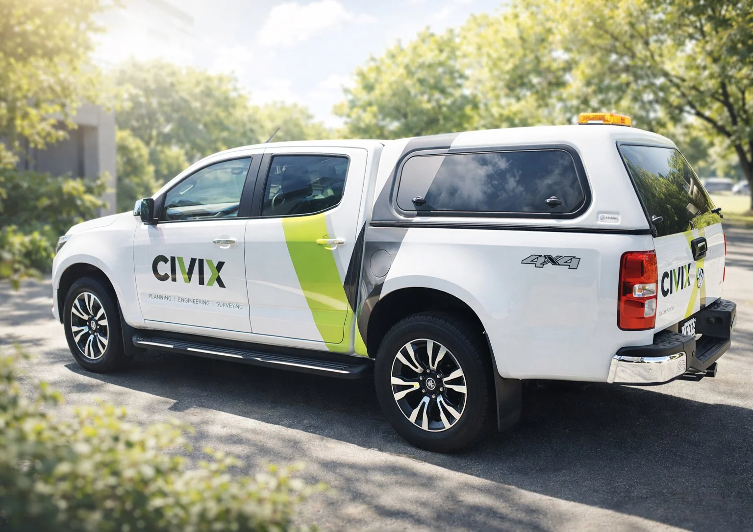 White vehicle with CIVIX branding and yellow-green accents, equipped with a pickup truck bed cap, parked outdoors with trees and blue sky reflection, with the words Planning, Engineering, Surveying printed on the side.