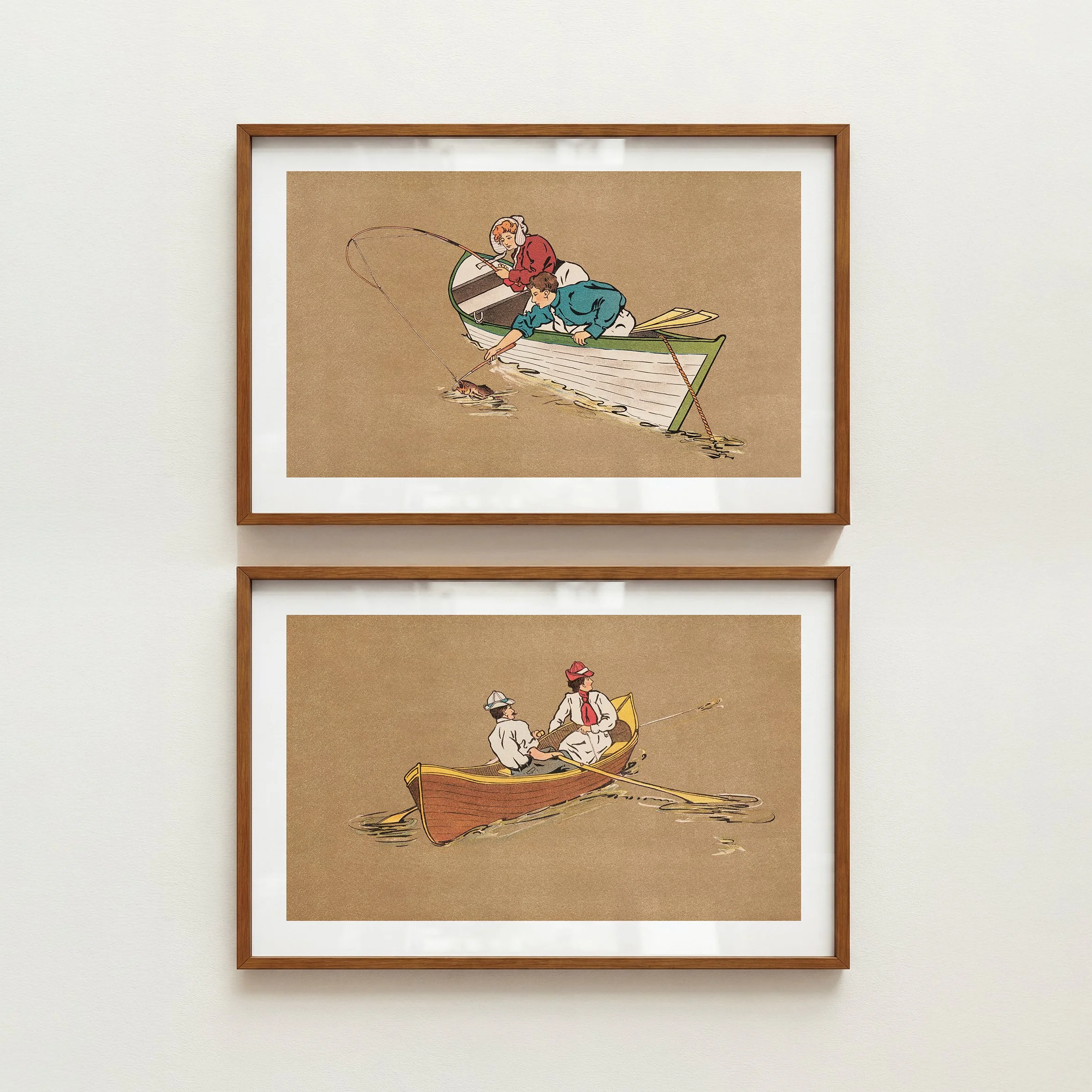Rowboat Fishing Prints - Retro Lake House Posters, Set of 2