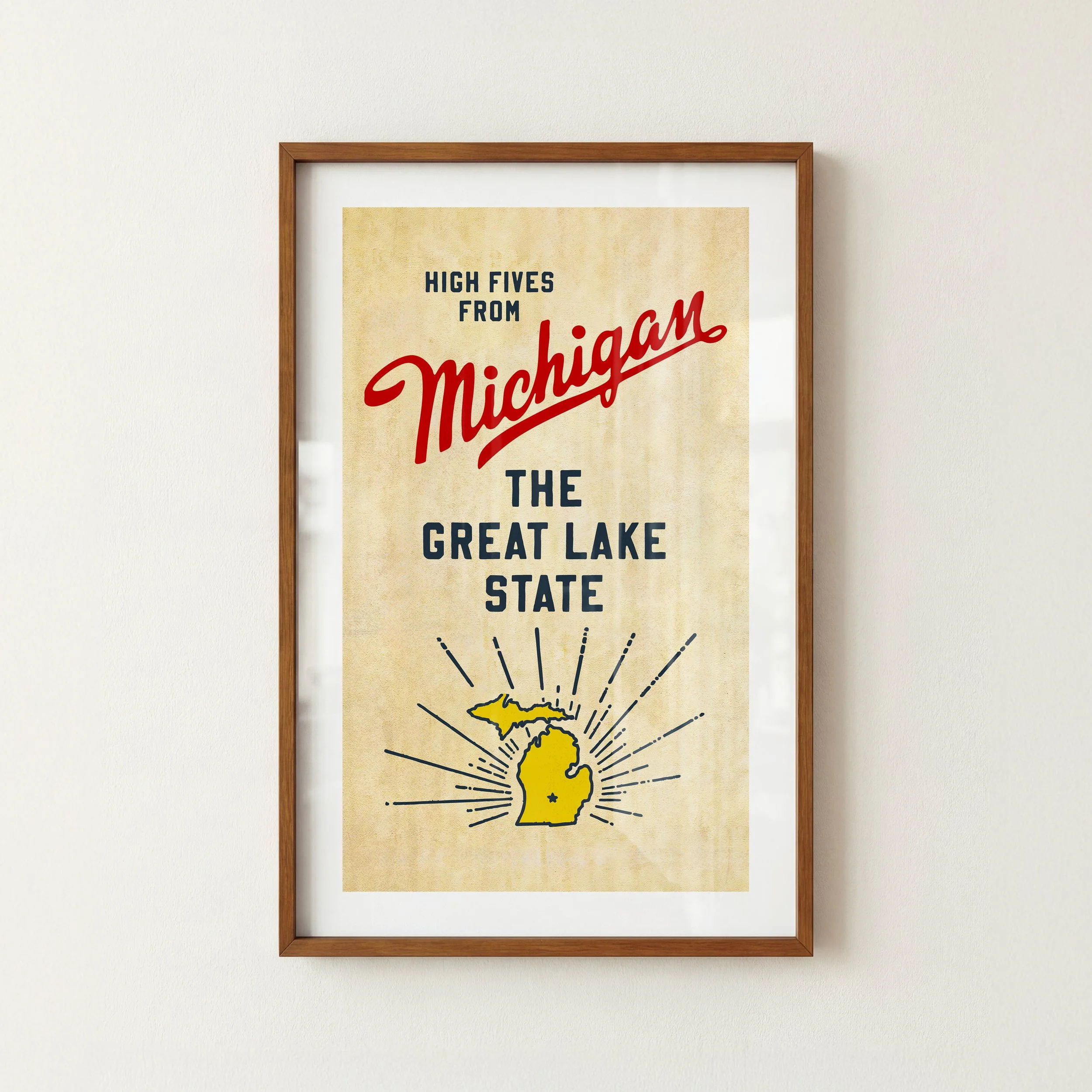 High Fives Michigan Print - Retro State Travel Poster