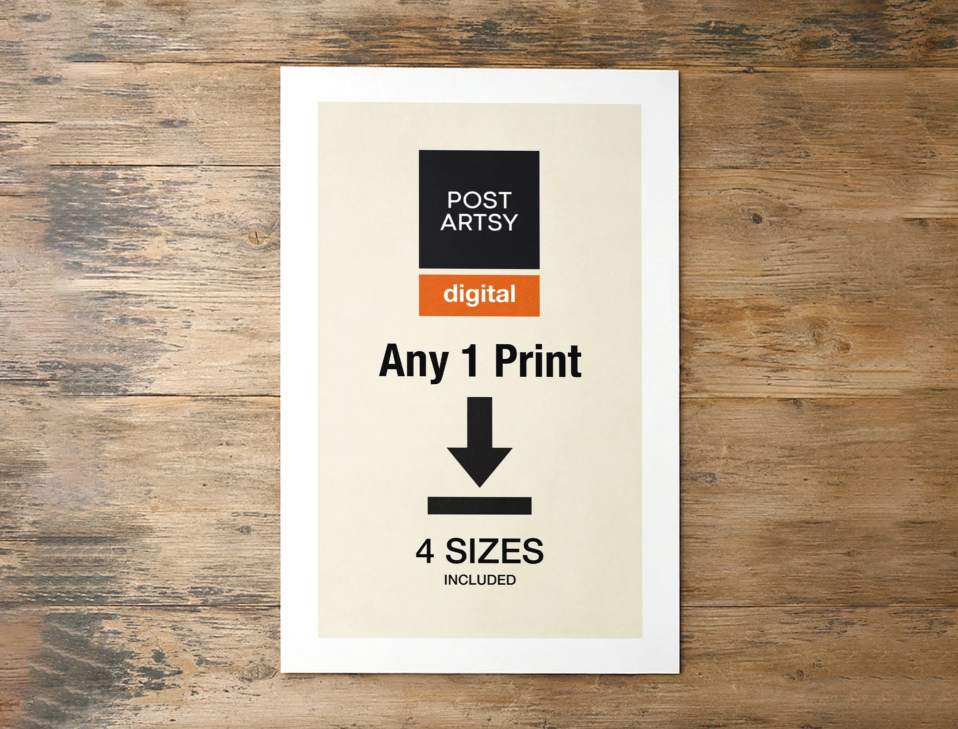 Post Artsy Digital promotional print on a wooden surface advertising one print in four sizes