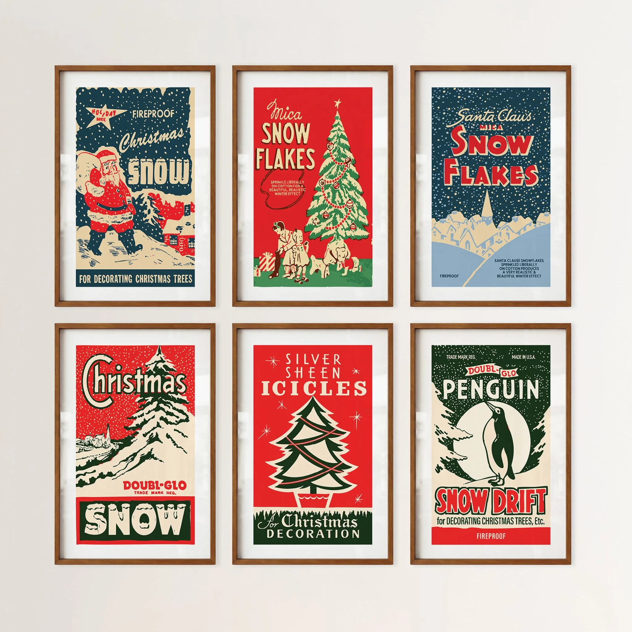 Old Time Christmas Prints - Retro Holiday Posters, Set of 6