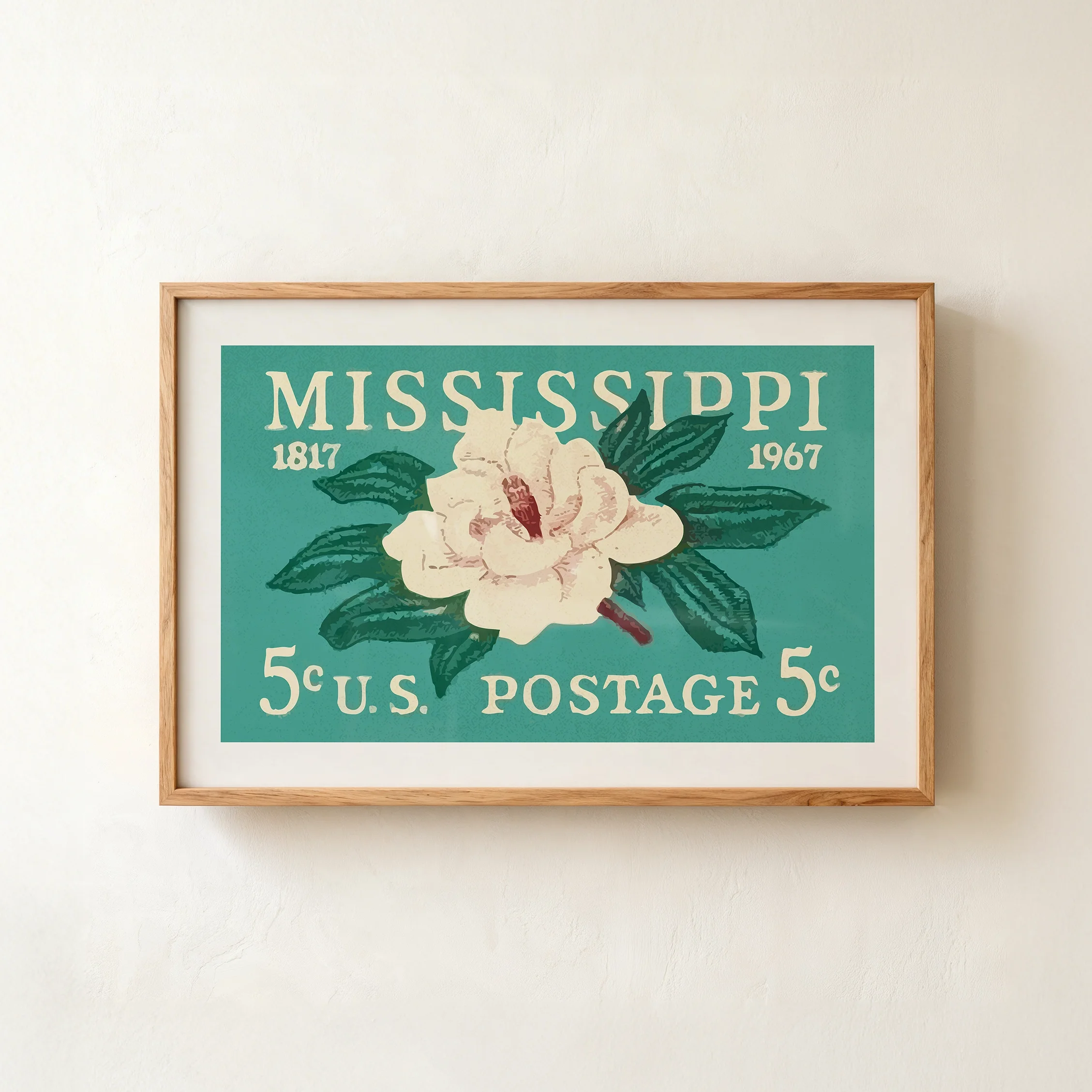 Magnolia Stamp Print - Retro Mississippi Poster