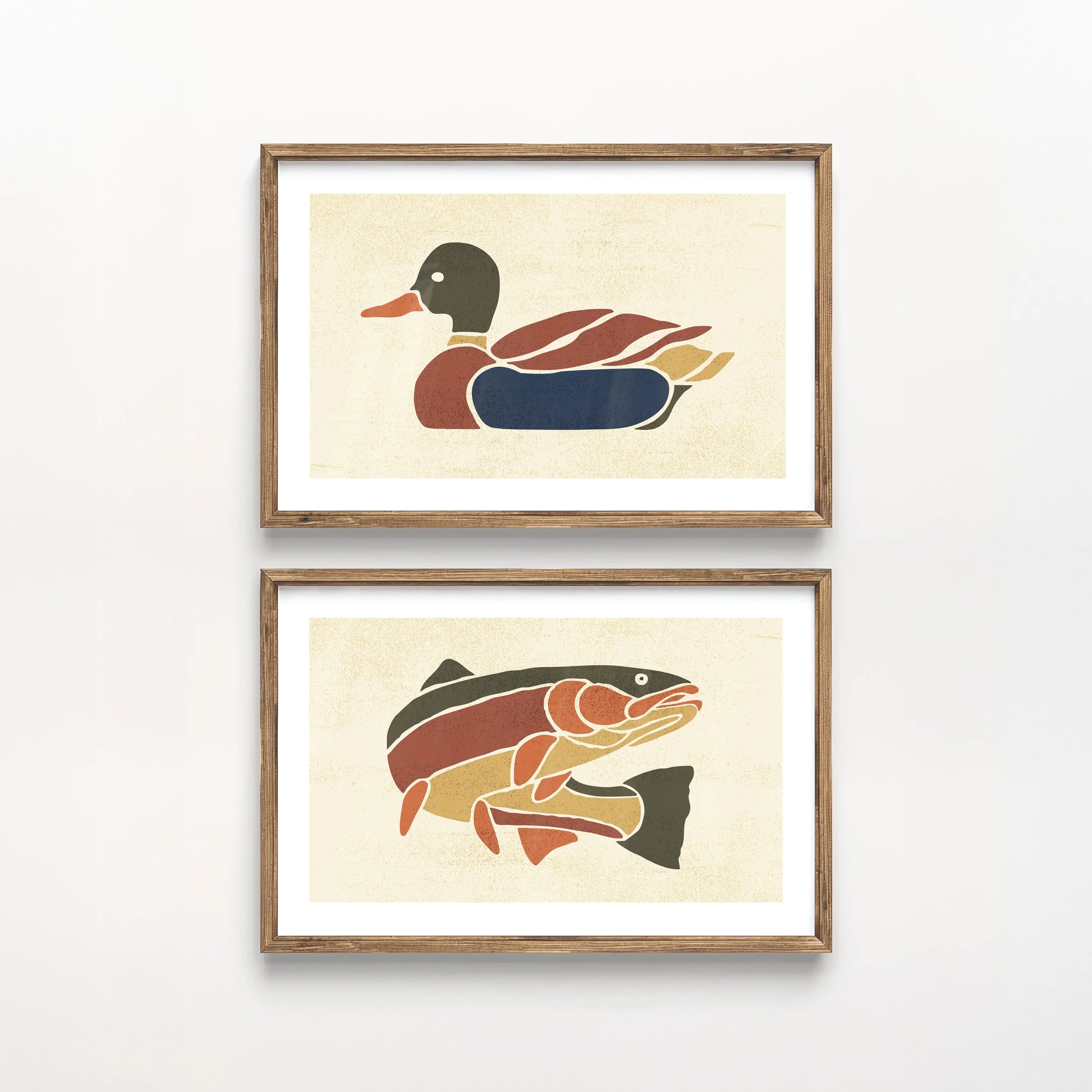 Fish and Duck Prints - Retro Lake House Posters, Set of 2