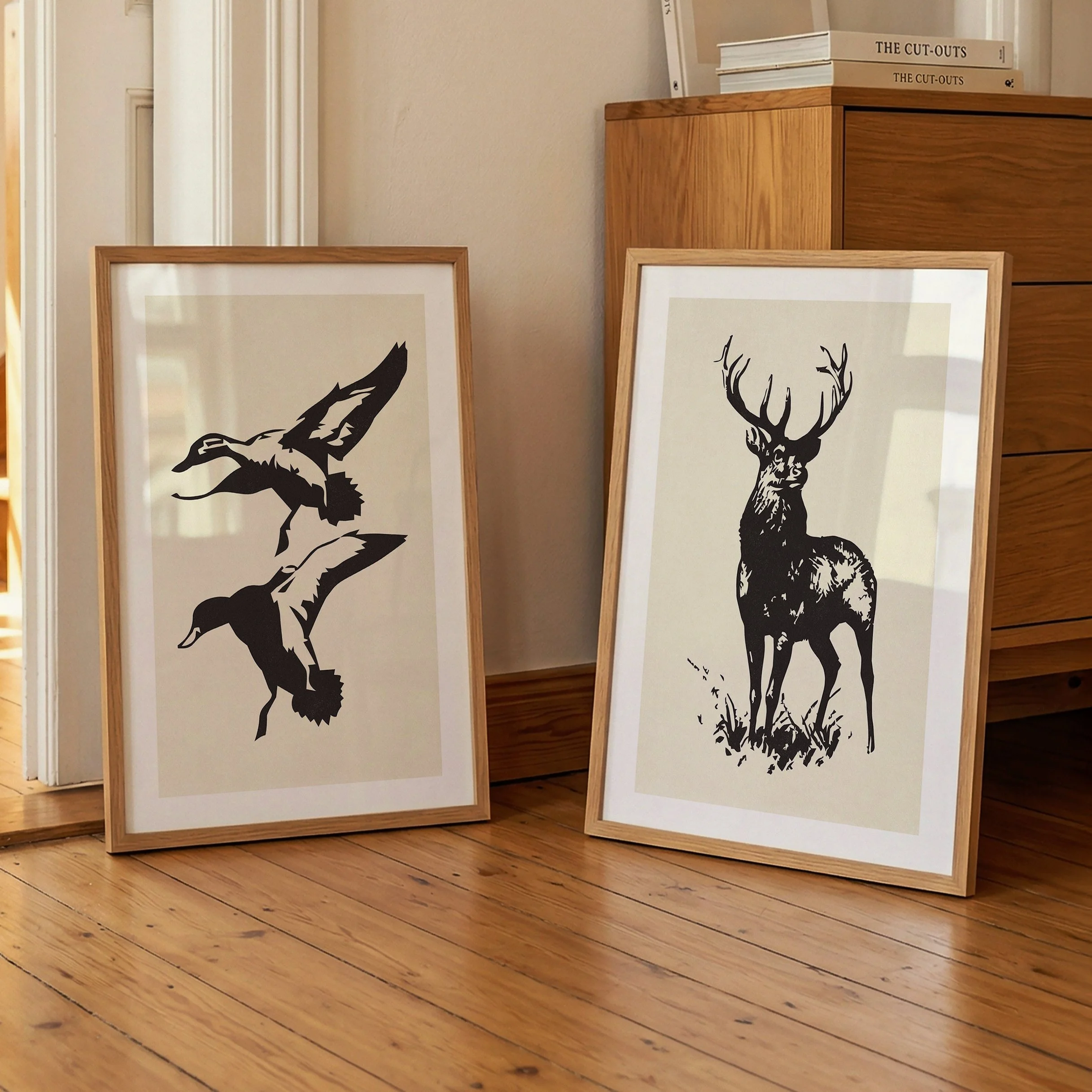 Retro Duck Deer Prints - Rustic Lake House Posters, Set of 2