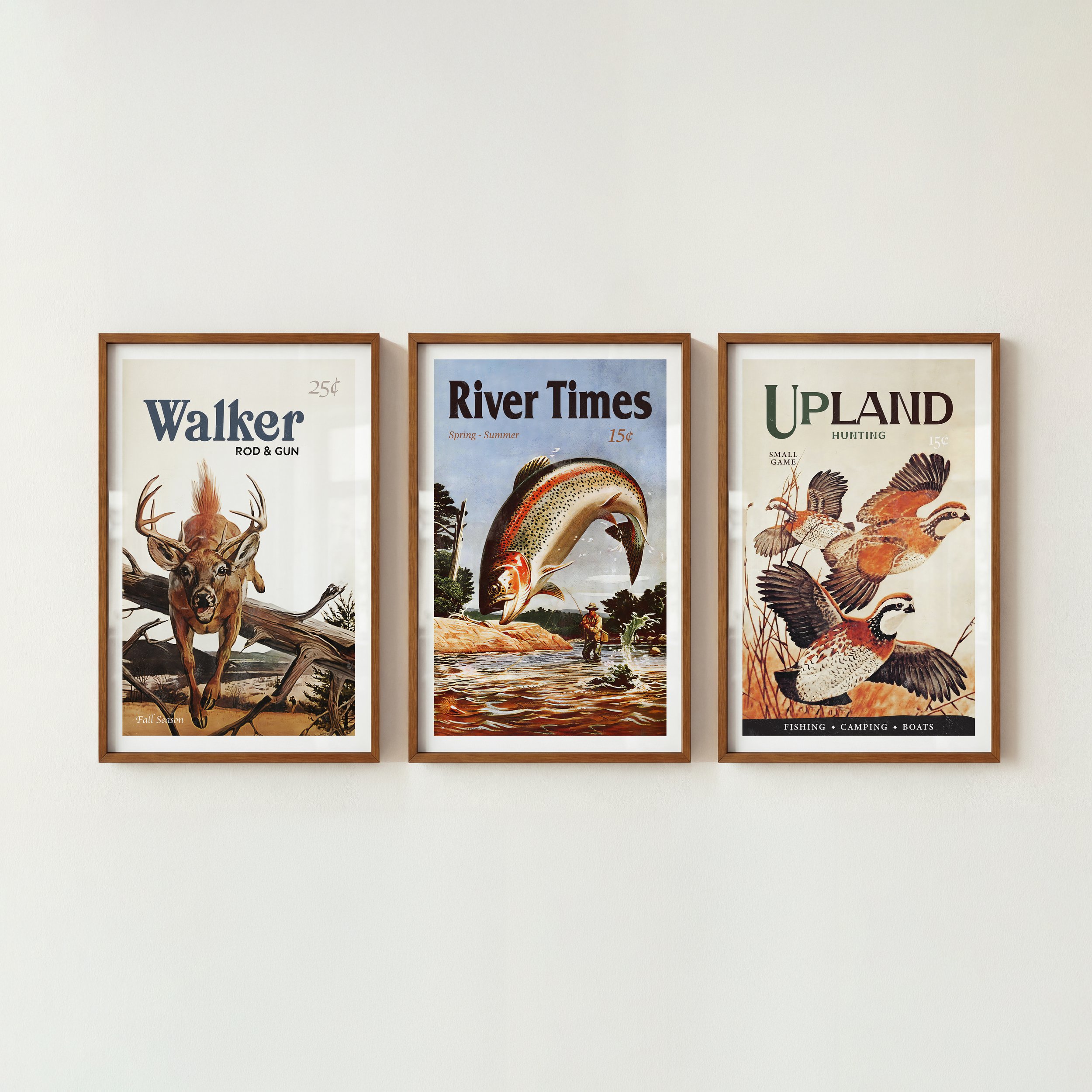 Hunting & Fishing Art Prints - Retro Wildlife Posters, Set of 3