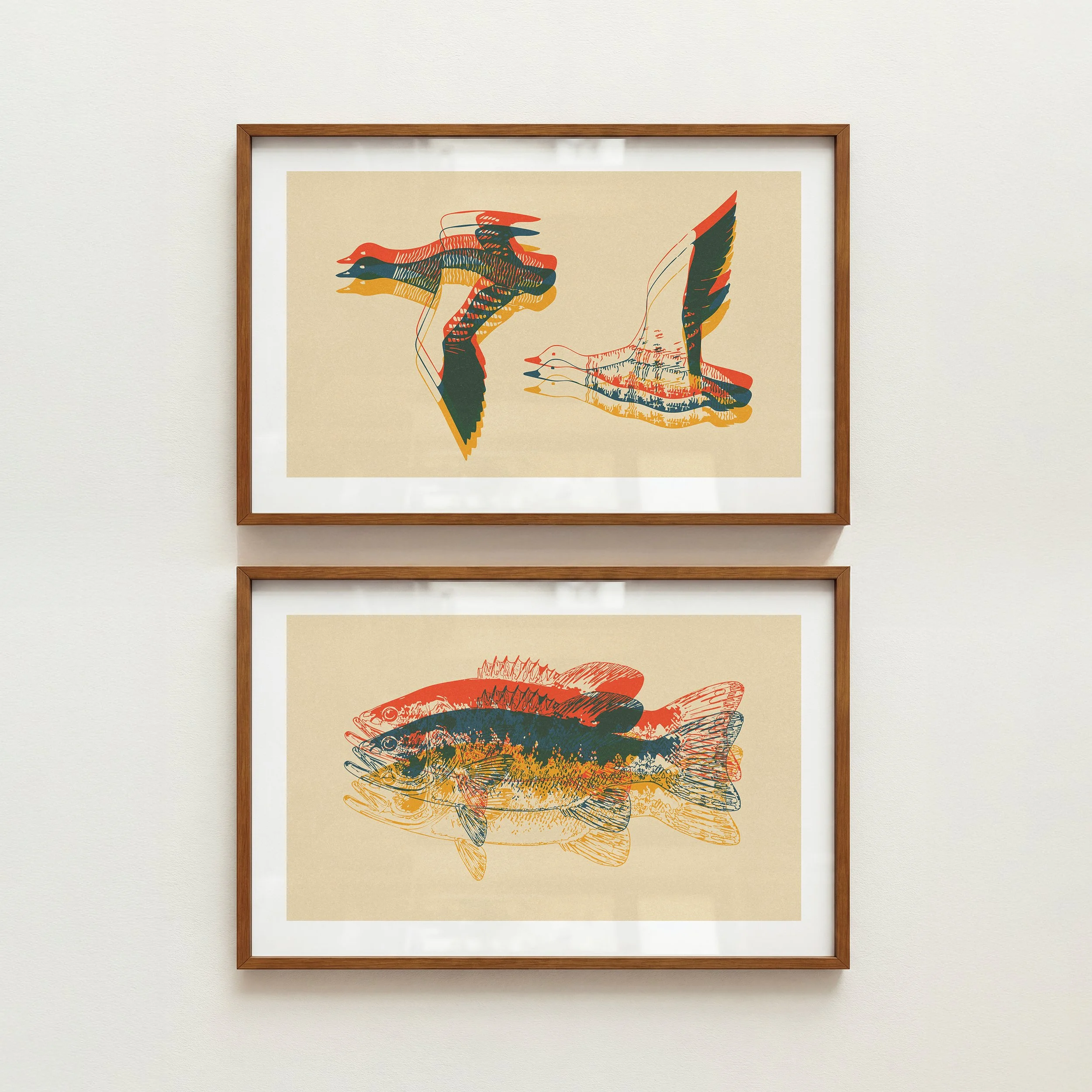 Riso Style Geese Fish Prints - Retro Lake House Posters, Set of 2