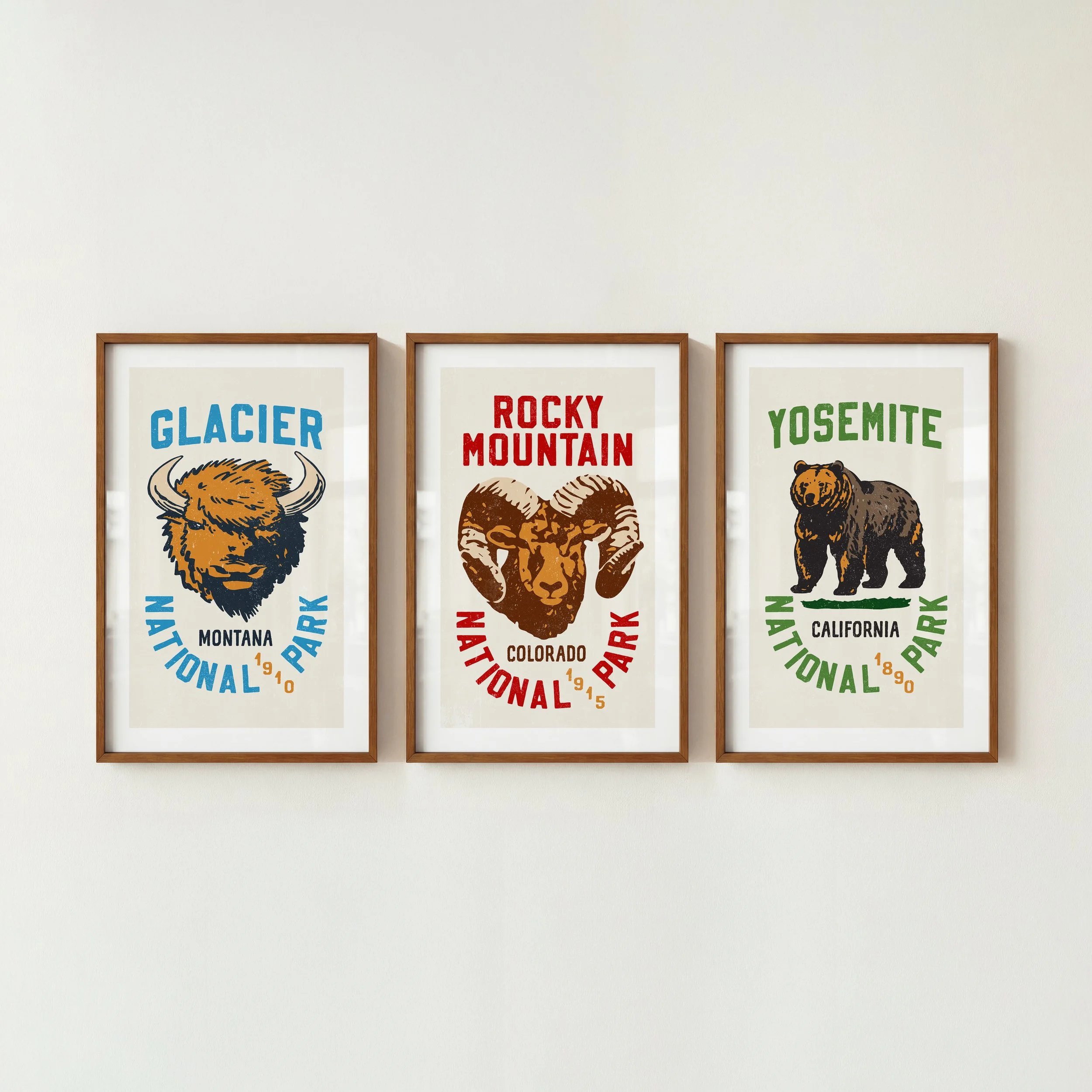 National Park Animal Prints - Retro Travel Posters, Set of 3
