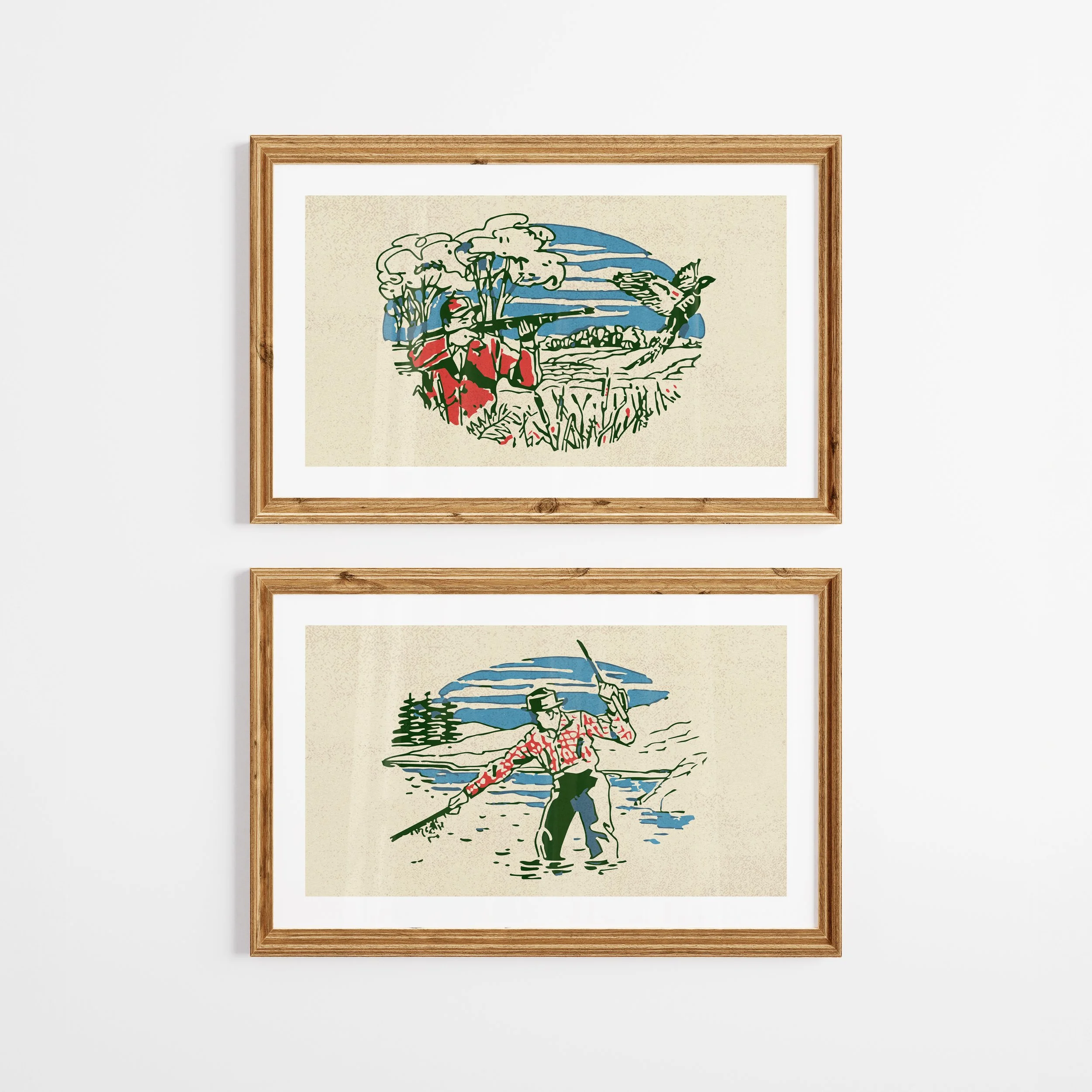 Hunt Fish Sportsman Prints - Retro Cabin Posters, Set of 2