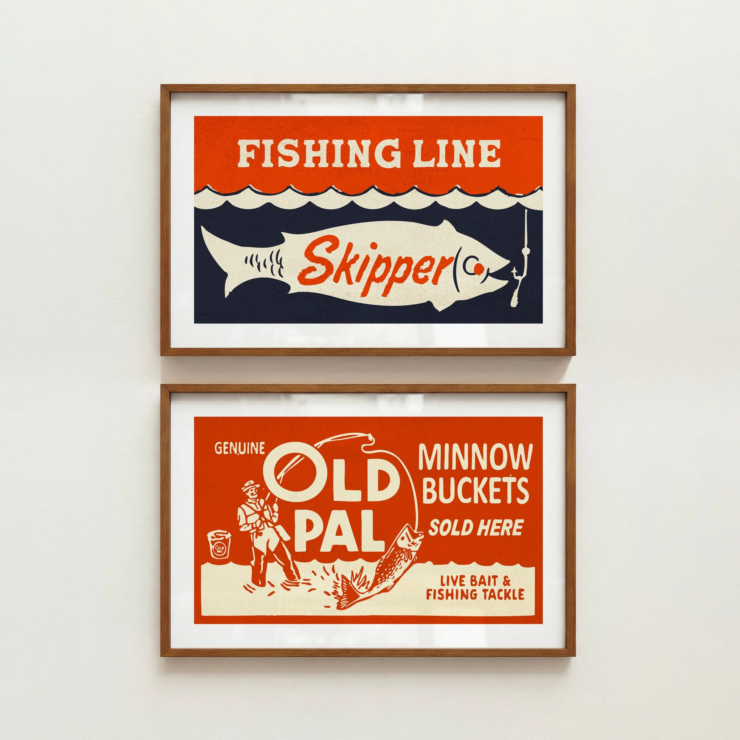 Old Time Fishing Gear Prints - Retro Lake House Posters, Set of 2
