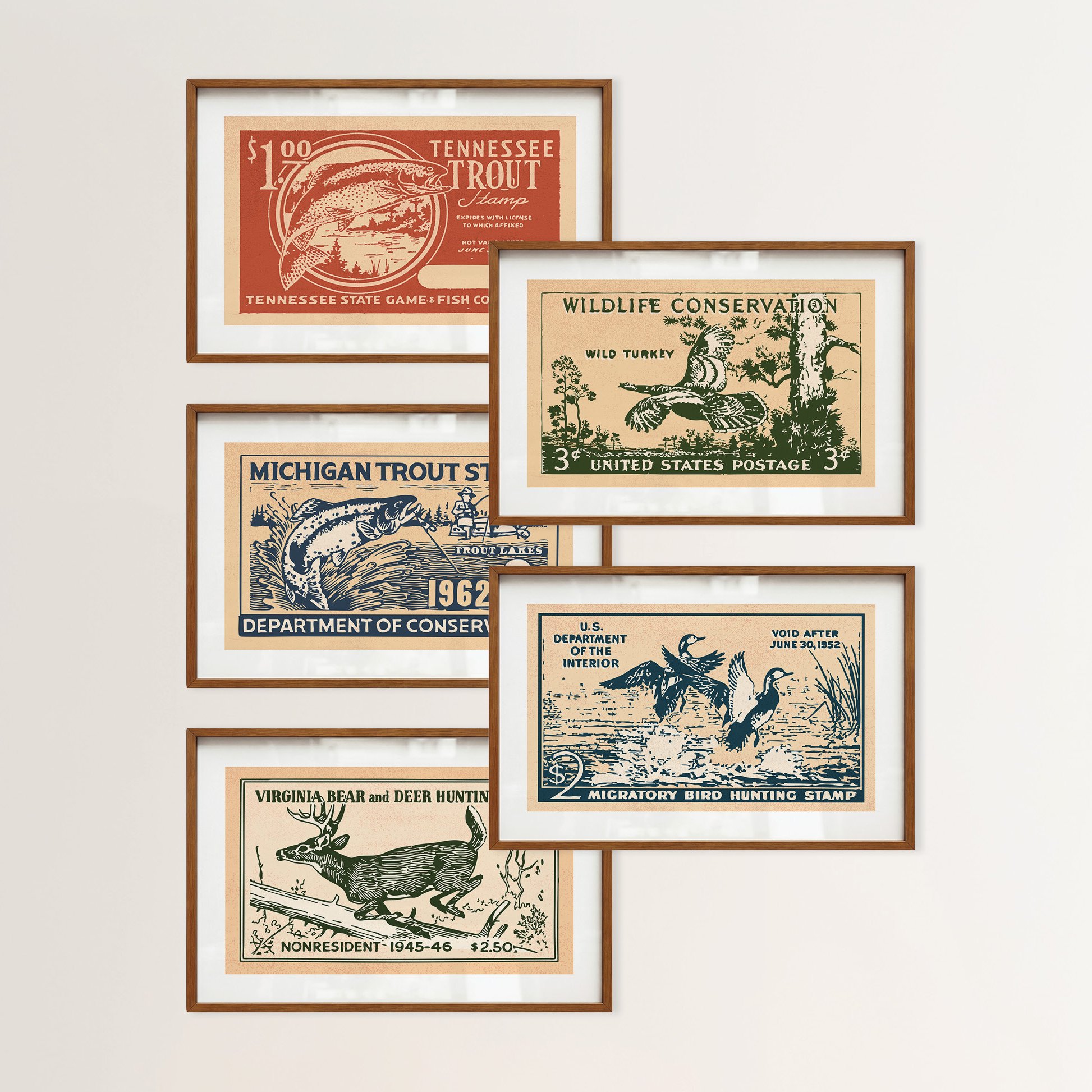 Wildlife Stamp Prints - Retro Conservation Posters, Set of 5