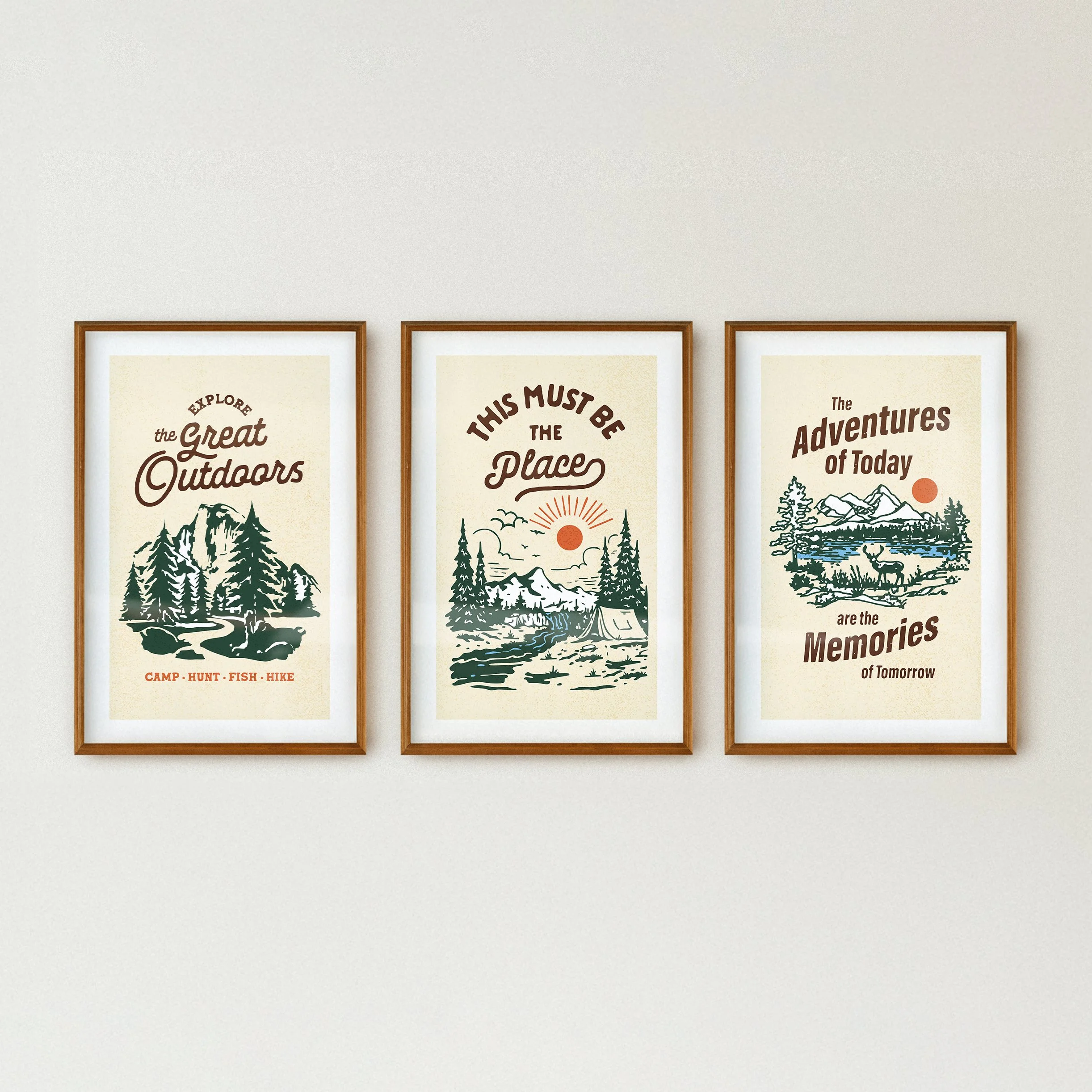 Retro Camping Prints: Outdoors Art, Adventure Posters, Set of 3