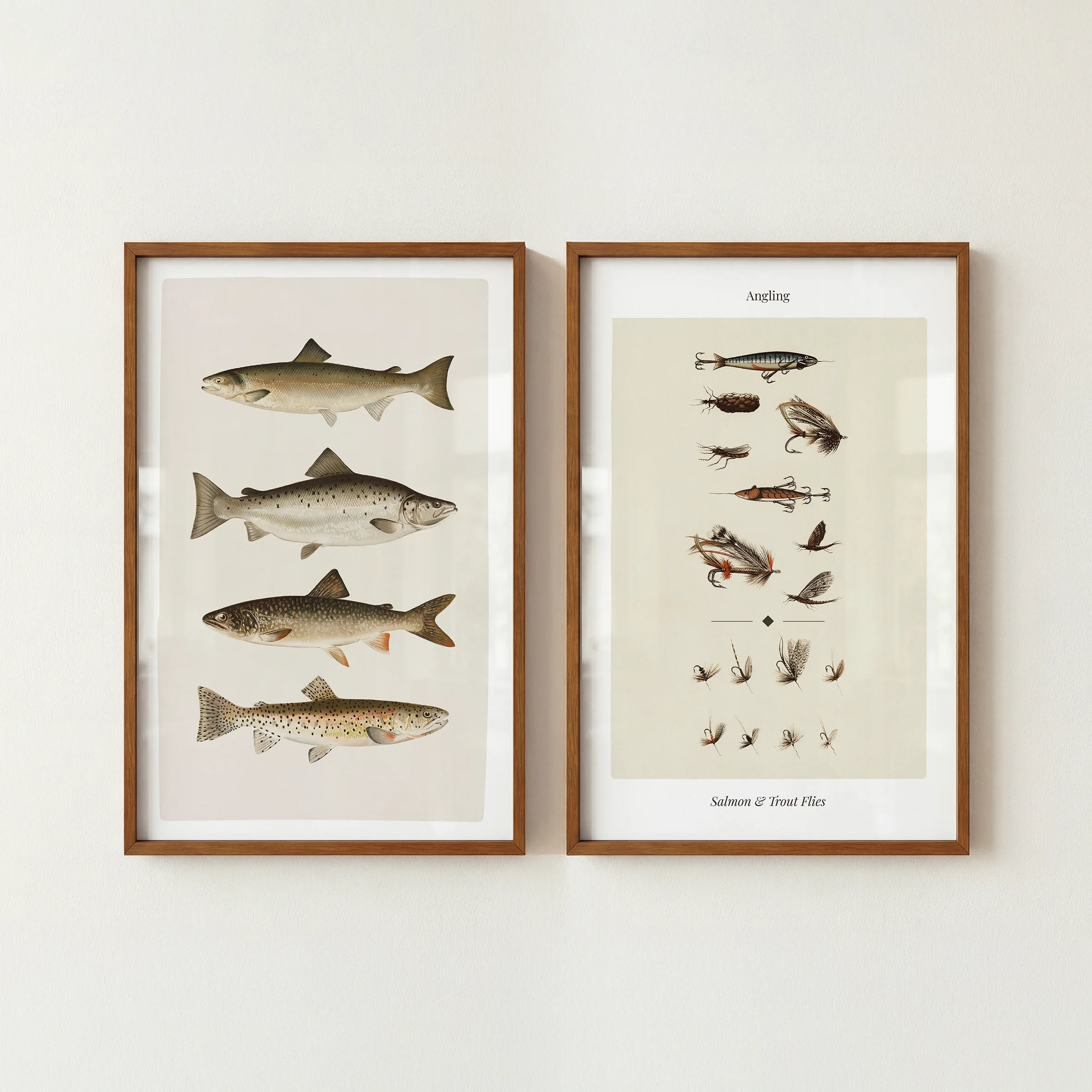 Salmon Trout Fishing Prints - Retro Lake House Posters, Set of 2