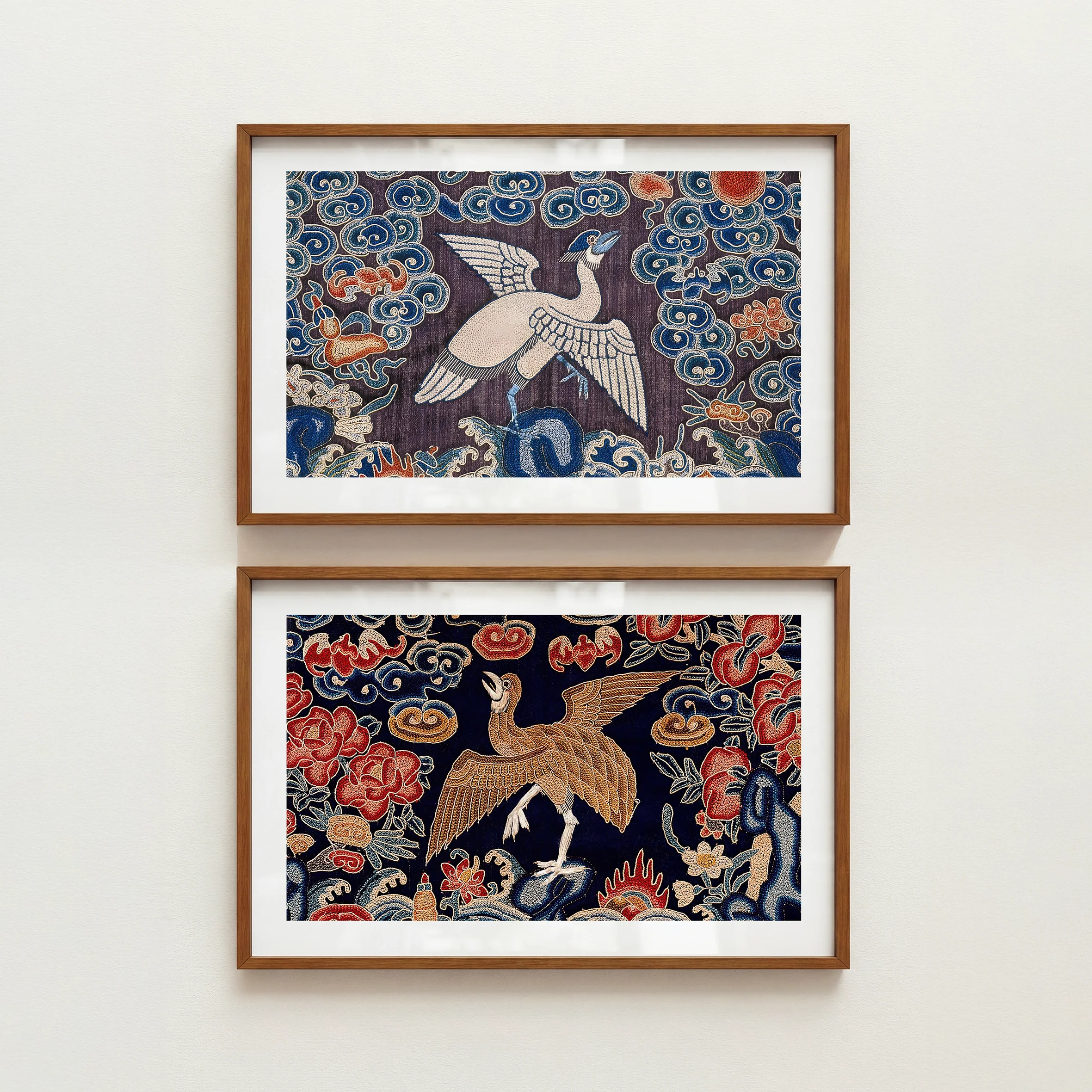 Quail and Egret Prints - Rustic Textile Posters, Set of 2