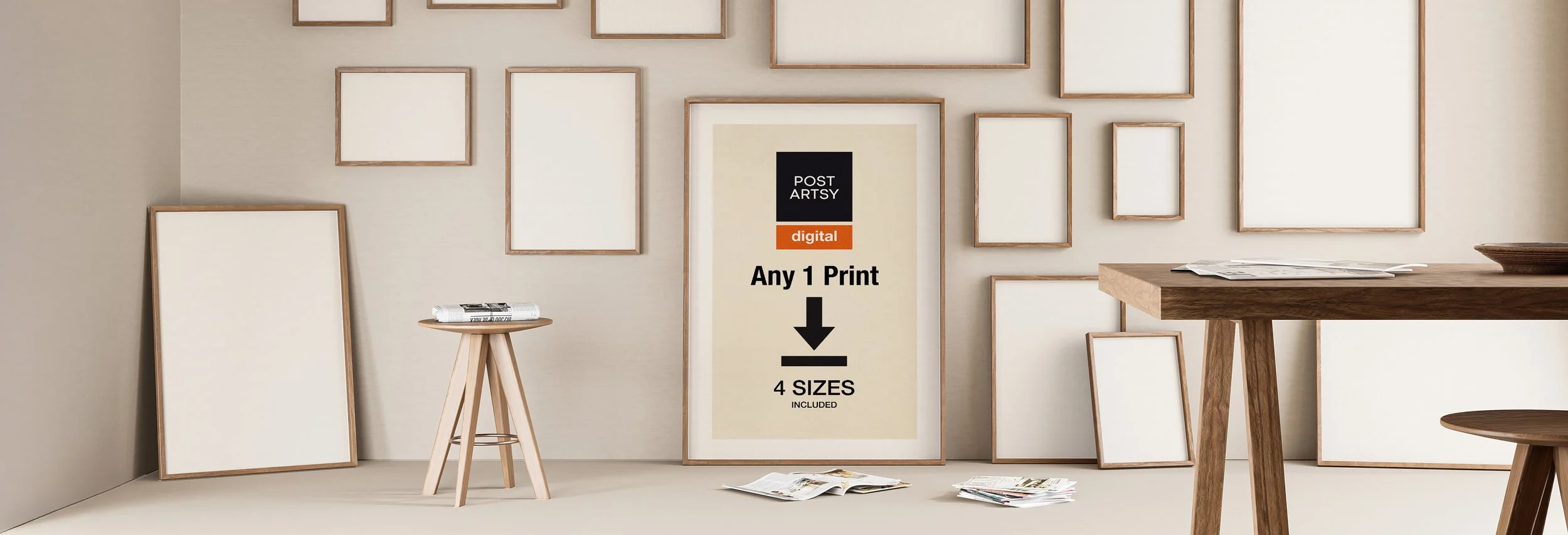 A display of empty picture frames on a wall with an informational poster in the center advertising digital prints, available in four sizes.