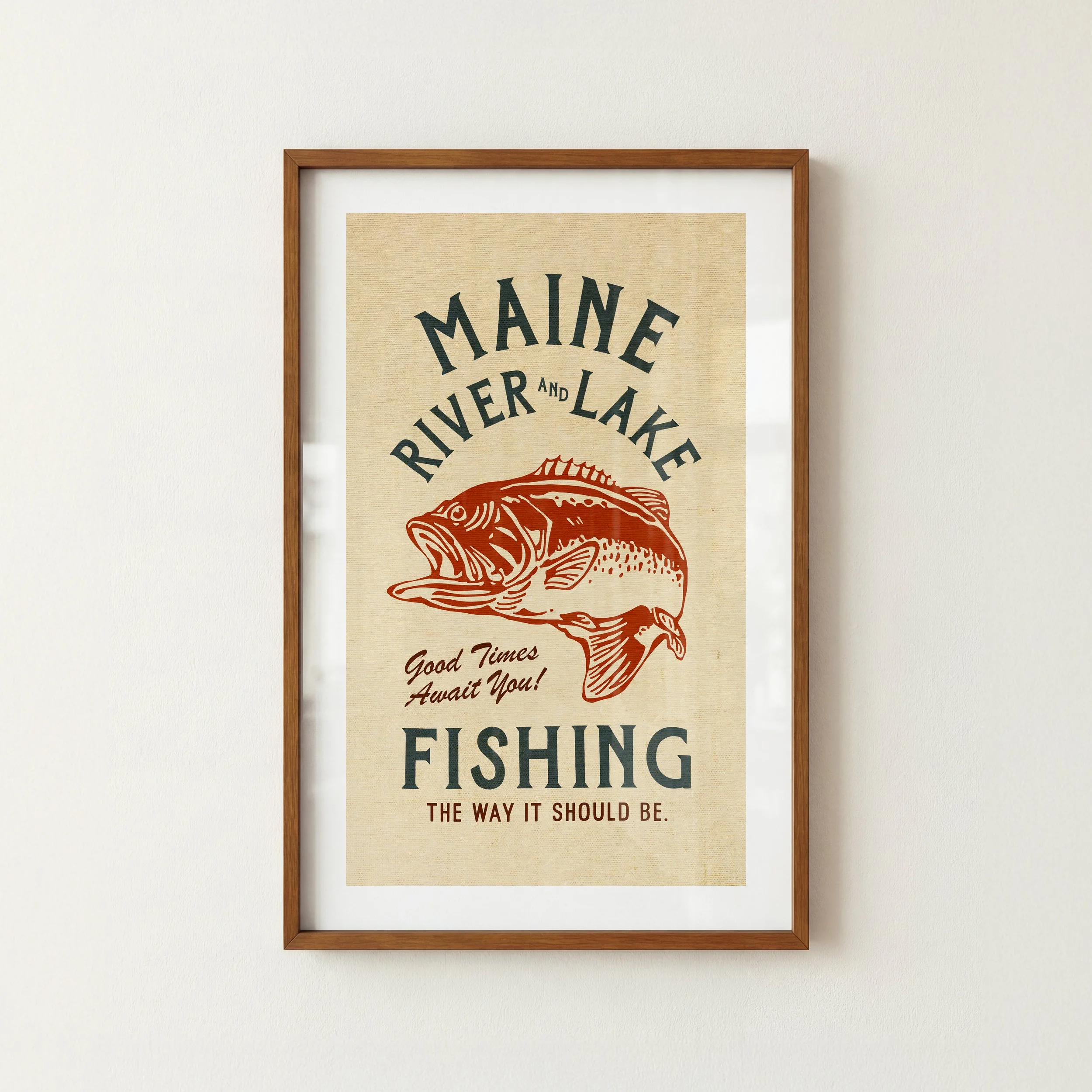 Maine Fishing Print - Rustic State Travel Poster