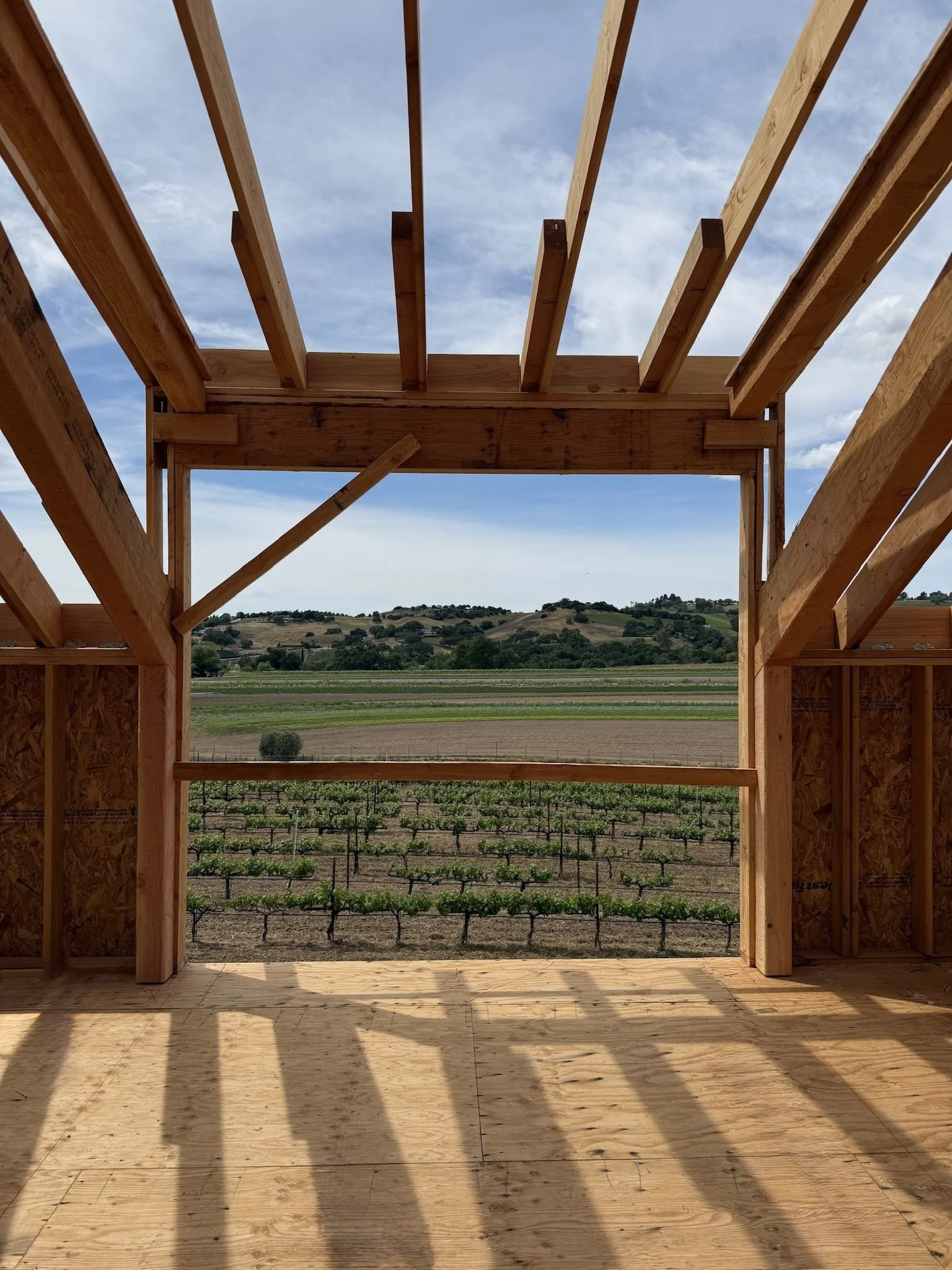 View from inside a wooden house frame overlooking a green vineyard and distant hills under cloudy sky.