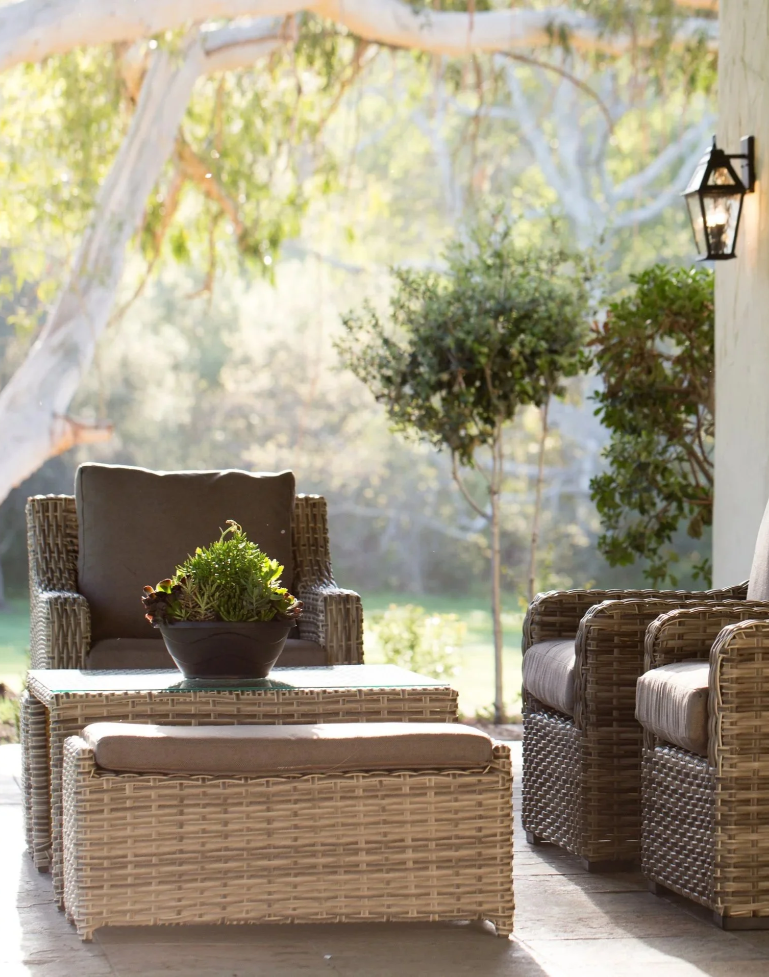 Outdoor patio area with wicker furniture, including a chair and a matching coffee table with a potted succulent plant. The background features trees and greenery, with sunlight filtering through the leaves, creating a peaceful atmosphere.