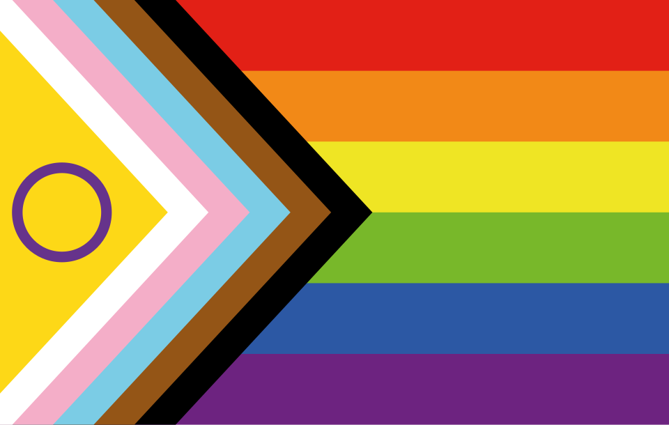 A pride flag combining the LGBTQ+ rainbow flag with the trans pride flag, featuring horizontal rainbow stripes and a transgender symbol on a yellow triangle.