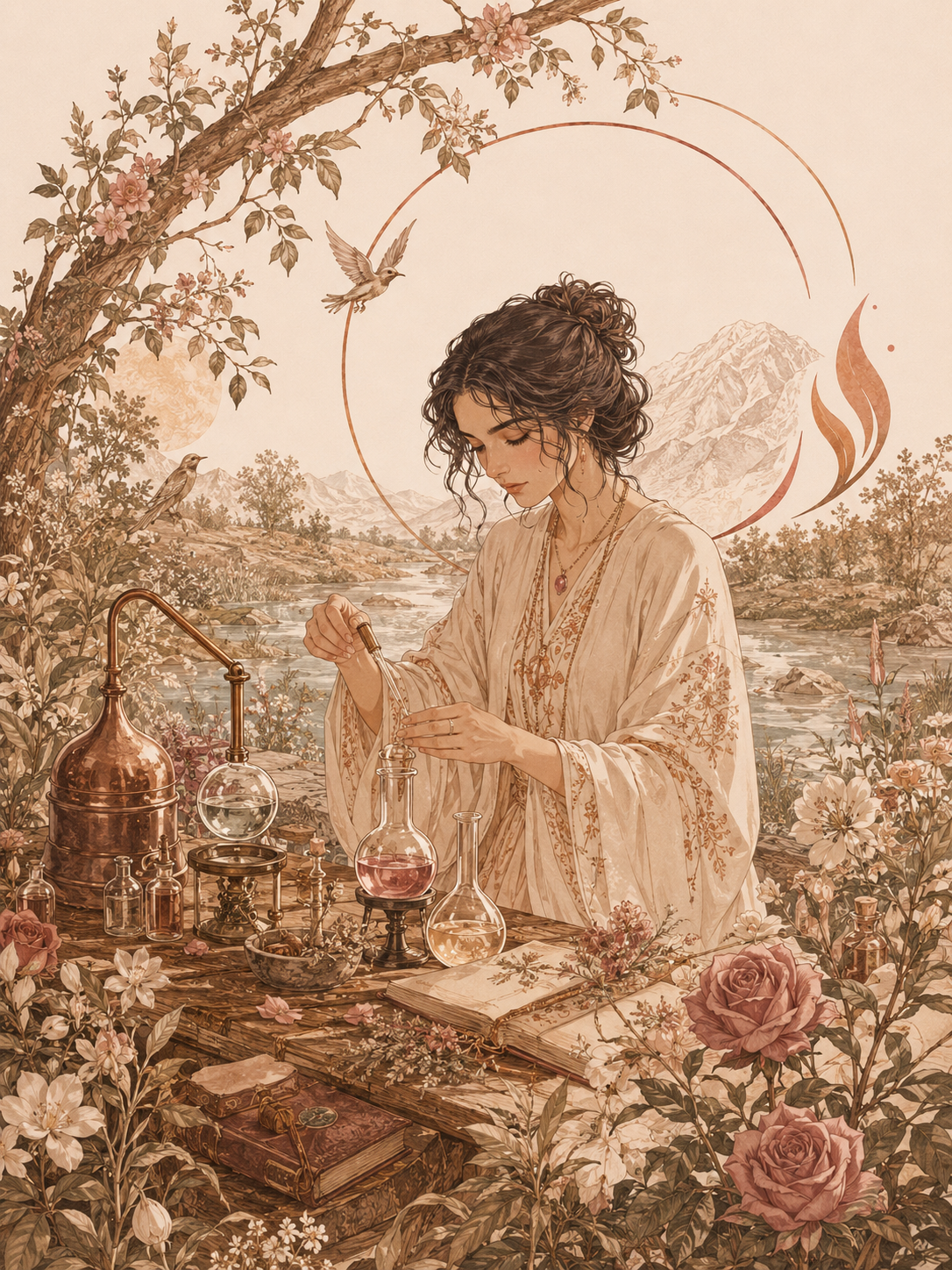 An artwork of a woman with curly hair conducting alchemy outdoors by a river, surrounded by flowers, trees, and mountain scenery, with a glowing circle and birds.