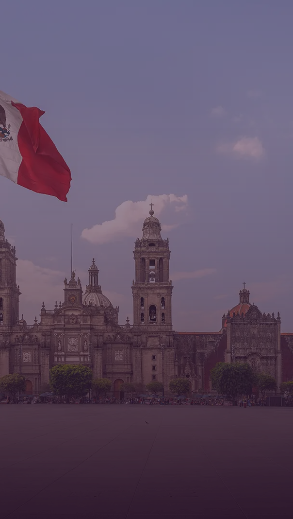 Mexico City Cathedral with a Mexican flag in the foreground and a clear sky.