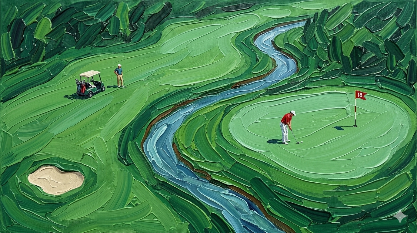 A painterly illustration of a golf course with two golfers, one on the fairway near a golf cart and the other putting on the green near a hole marked with a red flag numbered 18. A stream runs through the course, with surrounding lush green landscape.