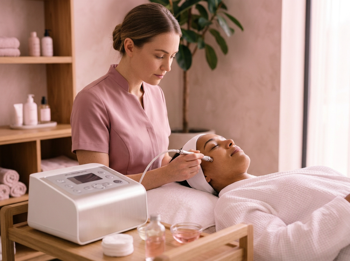 A woman receives a facial treatment with a handheld device in a spa or skincare clinic, while a skincare professional operates the device.