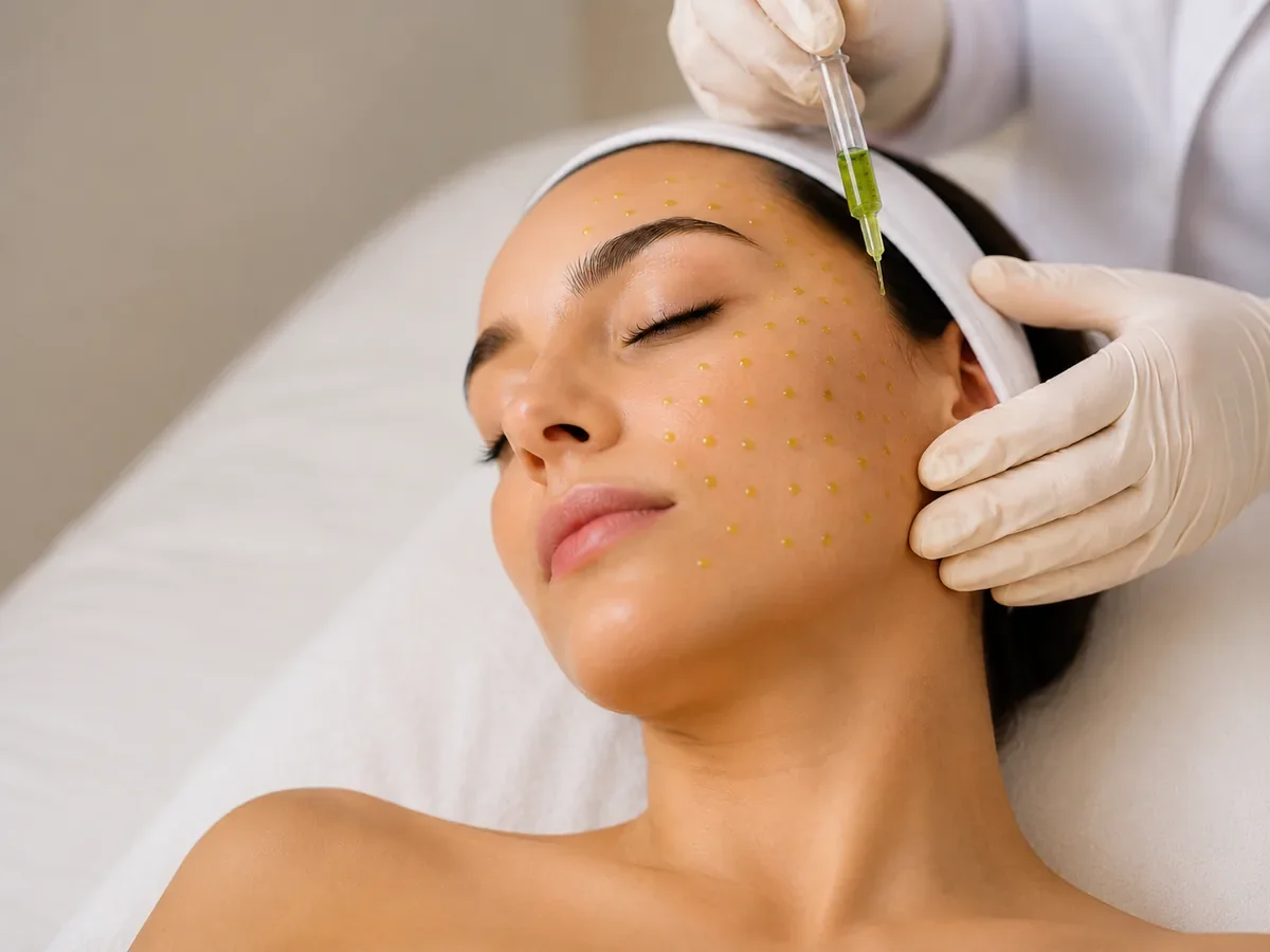 A woman receiving a facial treatment with a syringe and yellow dots marked on her face.
