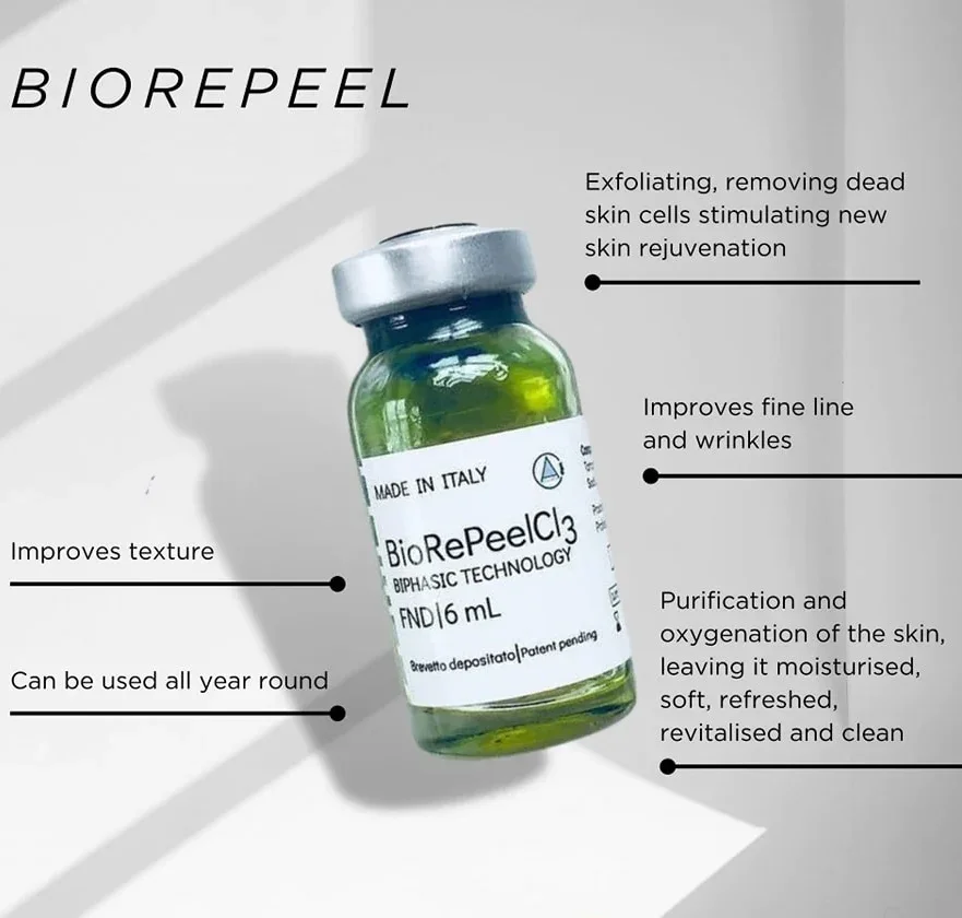 A small bottle of BiorePeel C3 with labels indicating benefits like exfoliating dead skin cells, improving fine lines and wrinkles, improving texture, and skin purification, oxygenation, and hydration, against a white background.