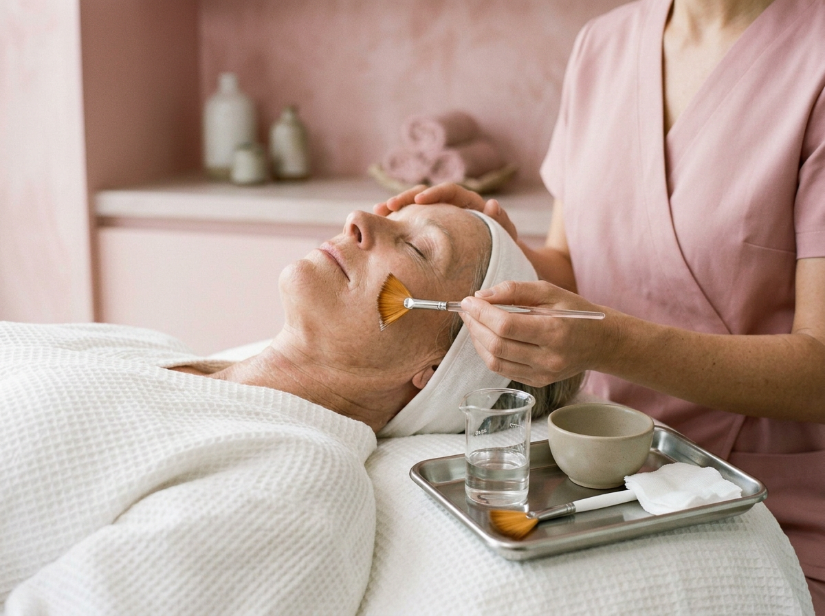 A woman lying on a spa bed with her eyes closed while a esthetician applies facial treatment with a brush. The esthetician wears pink scrubs, and there are spa products in the background.