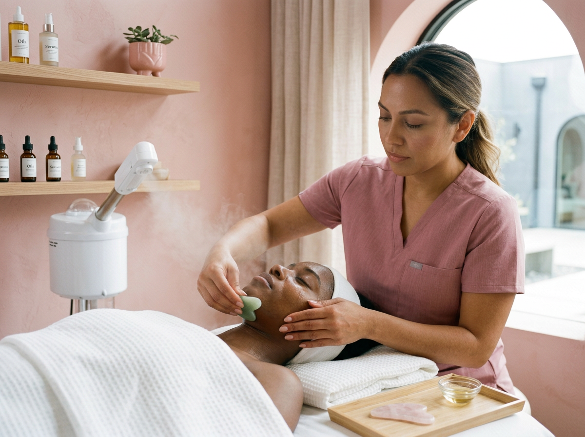 A woman receiving a facial treatment at a spa or clinic, with a skincare professional applying a product to her face using a green applicator, surrounded by skincare products and tools.