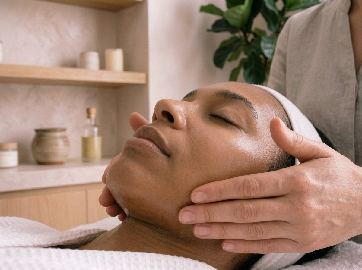 A woman receiving a facial massage in a spa or wellness setting.