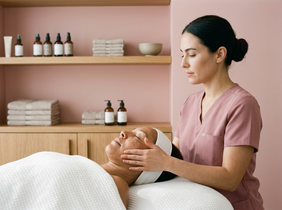 A woman receives a facial massage from a skincare professional in a spa or clinic setting.