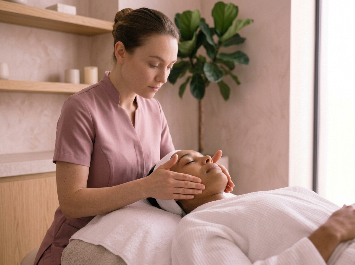 A woman in pink scrubs gives a facial massage to a woman lying on a massage table in a relaxing spa or beauty clinic setting.
