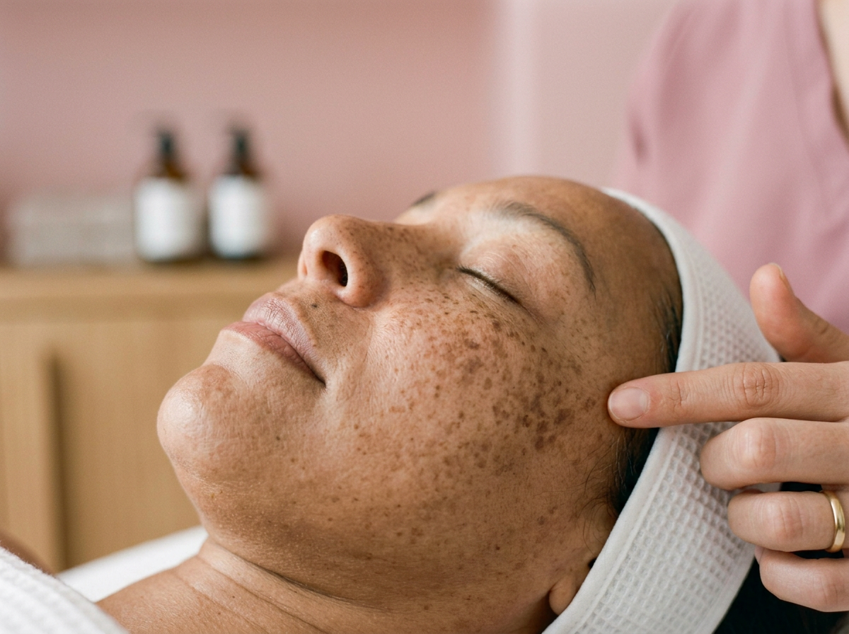 Close-up of a woman receiving a facial treatment at a spa, lying back with eyes closed while a professional gently presses her temple.