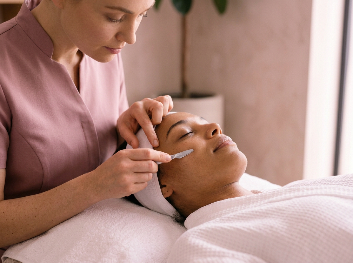 A woman receiving a facial treatment from a skincare professional, who is applying a facial product with a small spatula on her cheek while she reclines with her eyes closed.