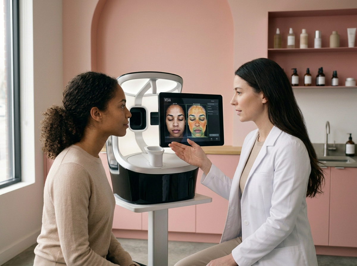 A dermatologist showing a woman her skin analysis results on a digital screen in a medical office.