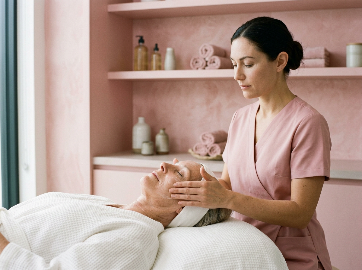 A woman in pink scrubs gently massages an older woman's face during a skincare treatment in a spa setting with pink walls and shelves holding towels and skincare products.